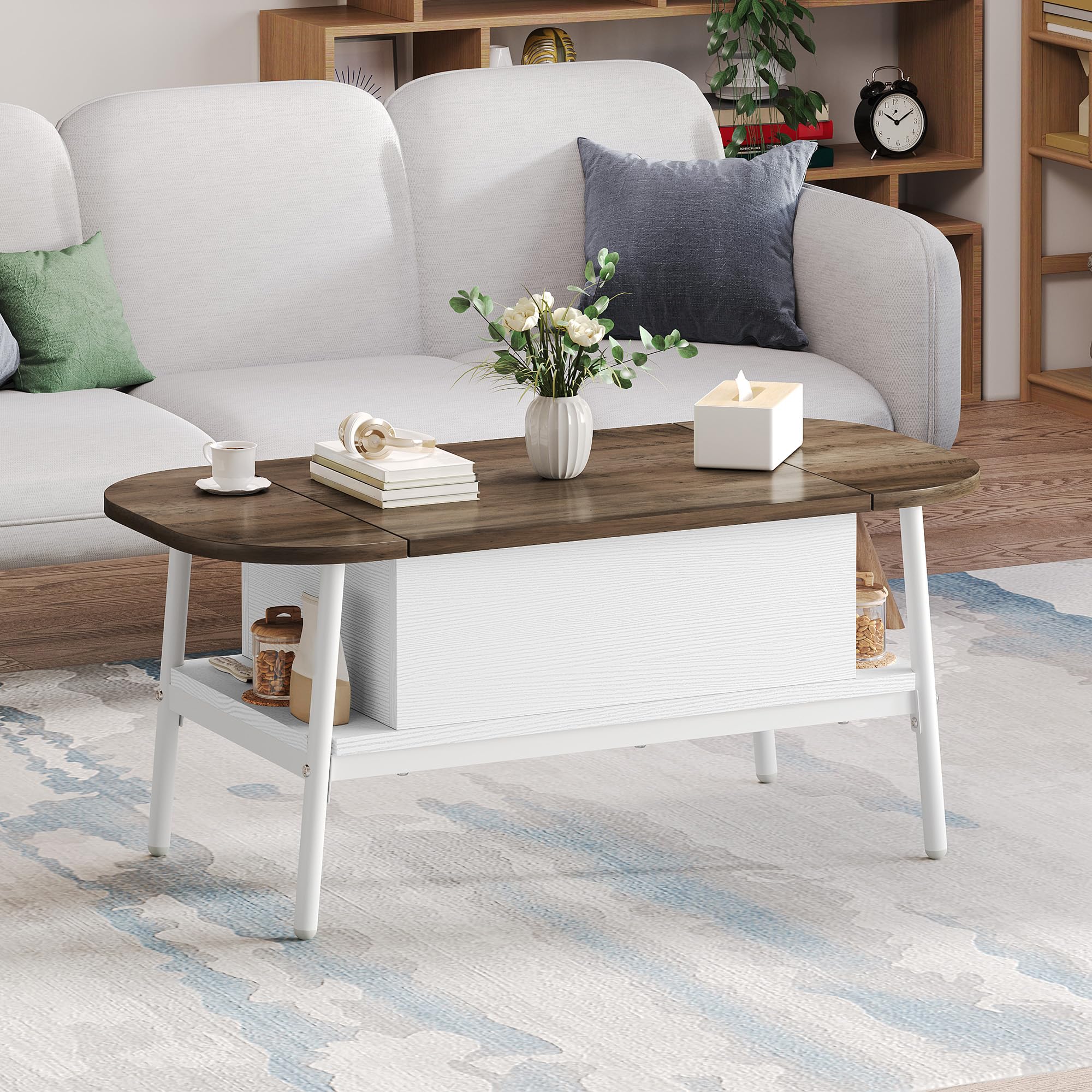 YITAHOME Table Basse avec Plateau élévateur, Table de Salon réglable en Hauteur avec Compartiment de Rangement caché, Table d'appoint elliptique avec Espace de Rangement pour la Maison, Le Bureau