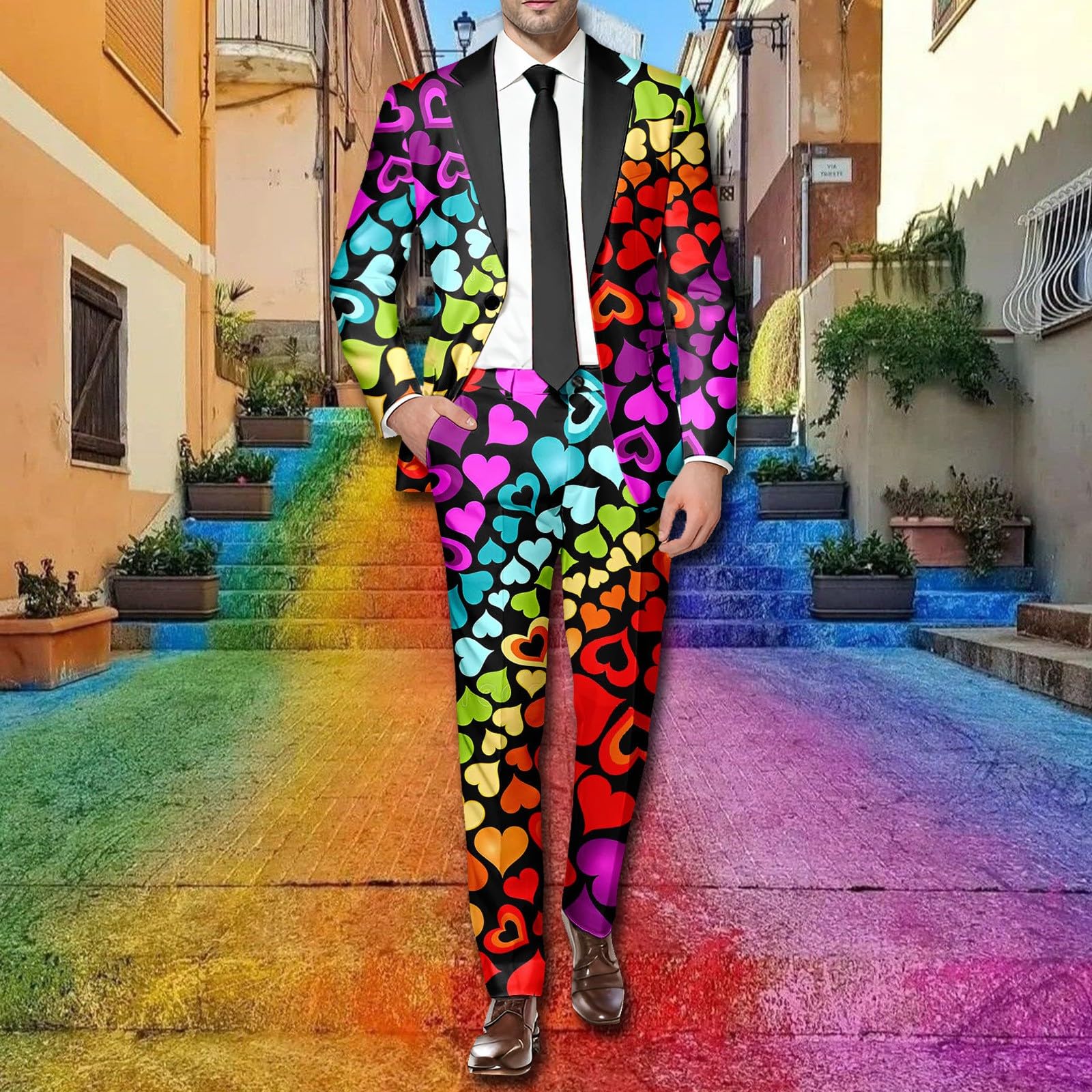 Regenbogen Anzug Herren 2 Teilig Sets Lustiger Masken Anzug Discokugel Party Karneval Kustüm Hochzeit Faschingskostüme Mottoparty Disco Anzüge 80Er Jahre Outfit Bunt Outfit