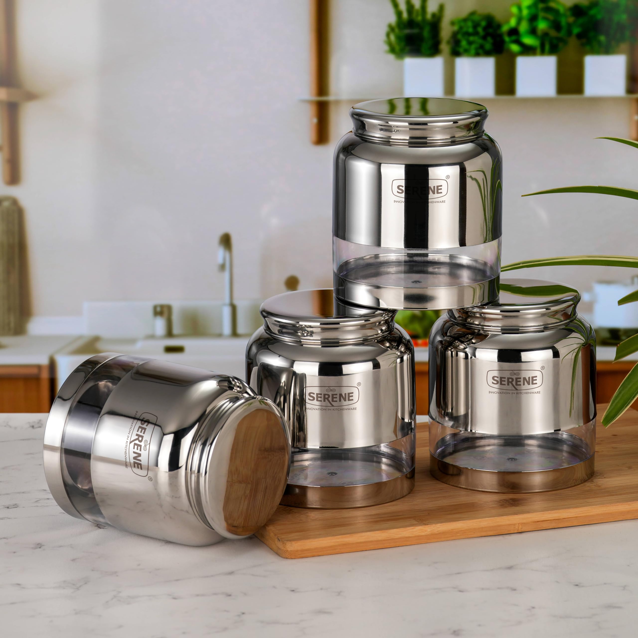 Serene Stainless Steel Exotic See-Through Jar | Airtight Jars for Kitchen Storage | Premium Steel Jars with One Turn Lock Lid | Transparent Stainless Steel Containers | 1500ML | 4 PC