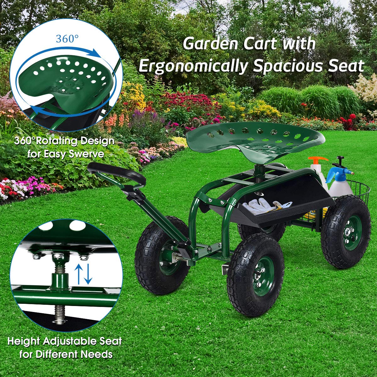 RELAX4LIFE Rollsitz mit Ablage Korb, Gartensitz mit Ausziehbarem Griff 4 Rädern, Gartenrollsitz Fahrbar & 360 ° Drehbar & Höhenverstellbar, Arbeitssitz bis 150kg Belastbar, für Gartenarbeit