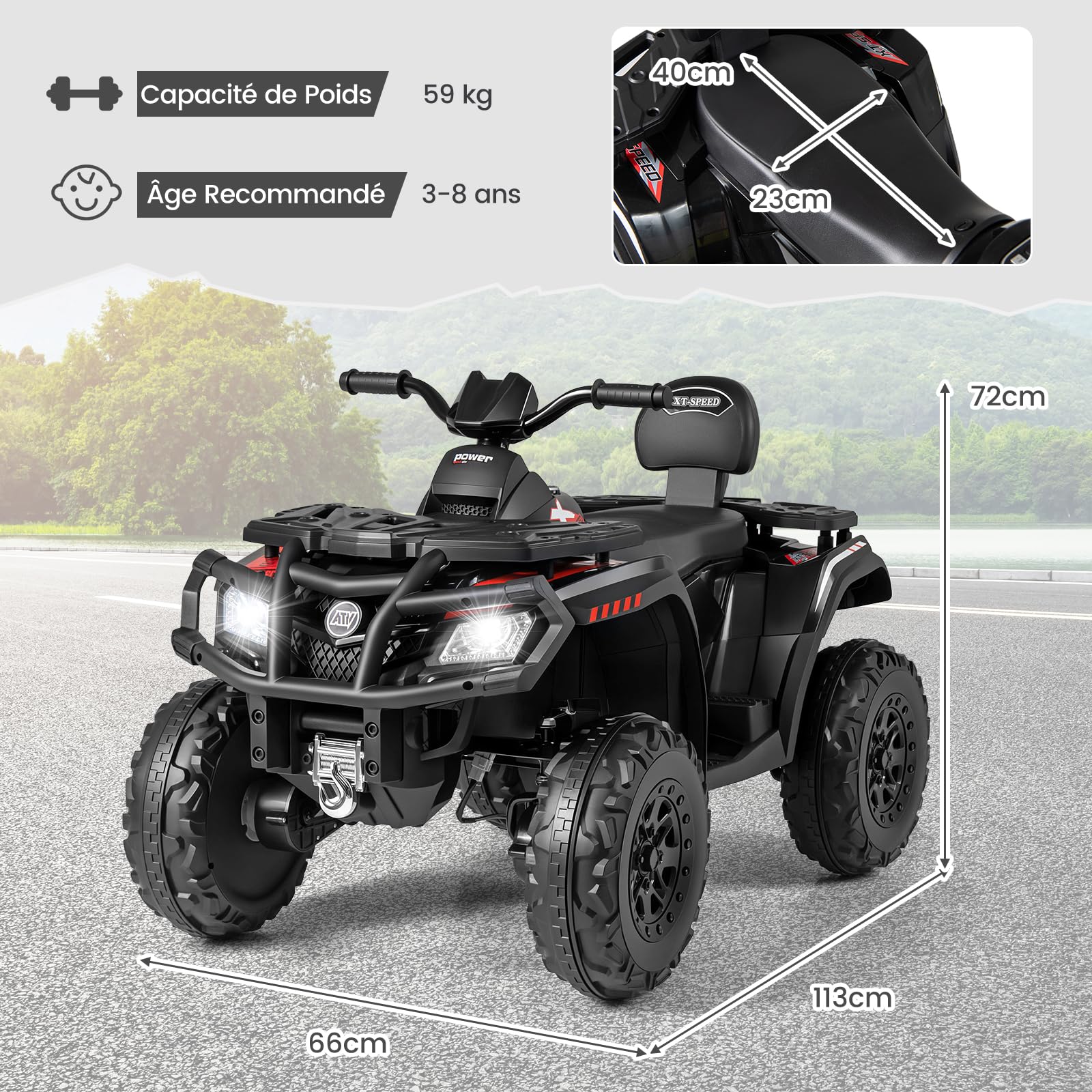 COSTWAY Quad Électrique Enfants 24V avec 4 Moteurs, Voiture Électrique Enfants 2 Places avec Lumières LED, Musique, Marche Avant/Arrière, Frein, 2 Vitesses 3-8 km/h, Charge 59 kg, pour 3-8 Ans (Noir)
