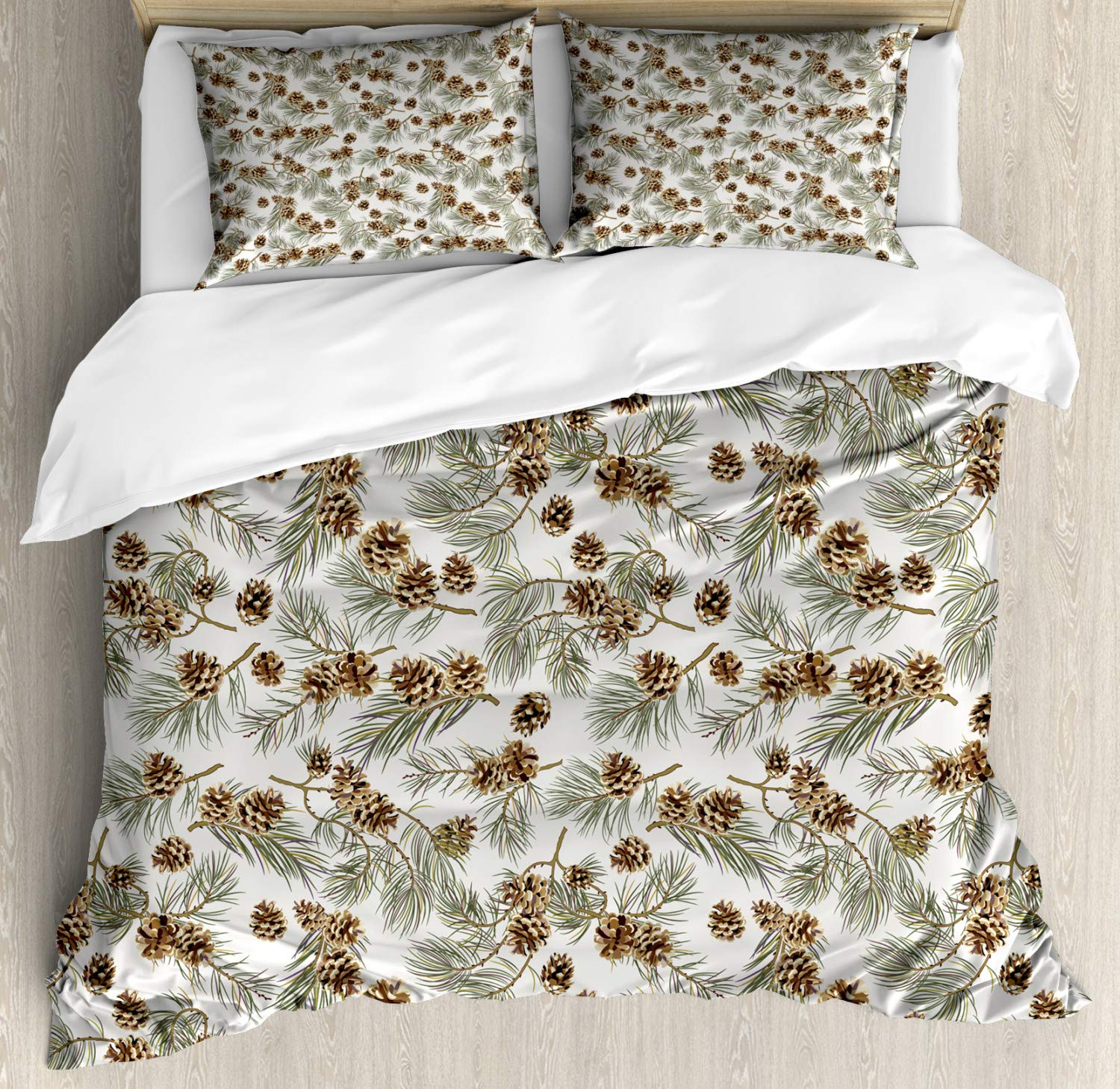 Lunarable Pinecone Duvet Cover Set, Scenery Illustration of Hand Painted Pine Tree Branches and Sepia Cone, Decorative 3 Piece Bedding Set with 2 Pillow Shams, Queen Size, Brown Green