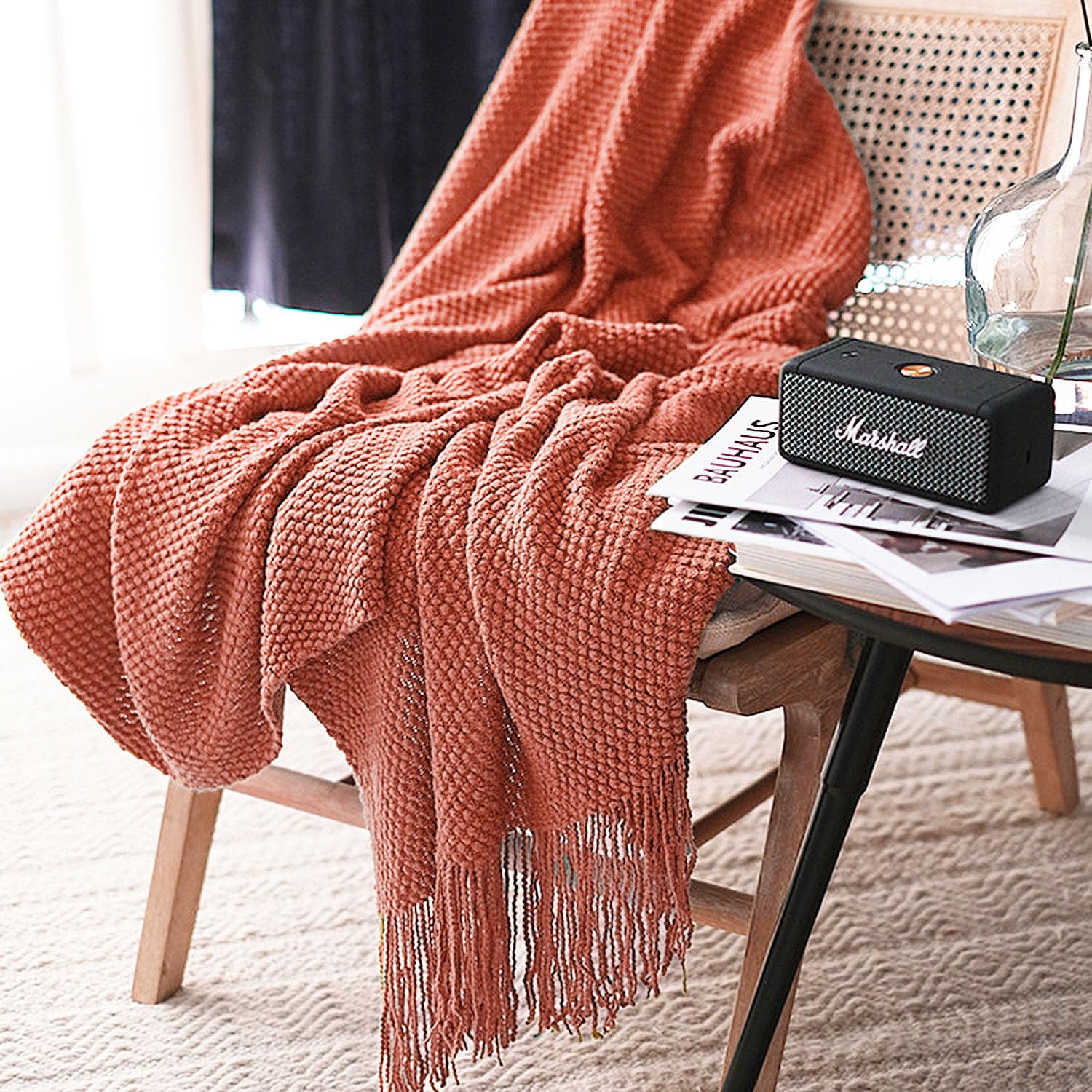 LOMAO Knitted Throw Blanket with Tassels Bubble Textured Lightweight Throws for Couch Cover Home Decor (Coral, 50x60)
