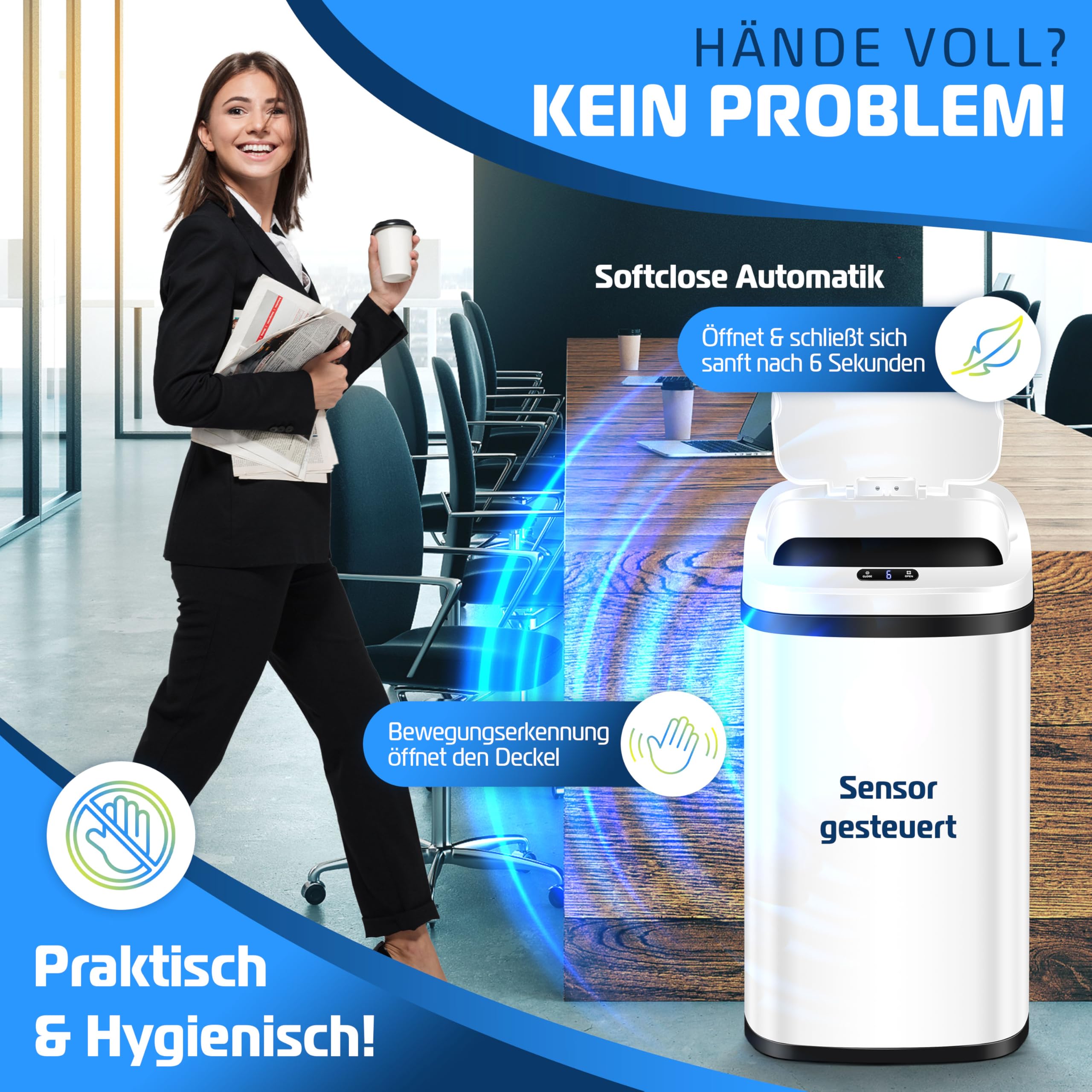 Versen Pattumiera Con Sensore Di Movimento 50L - Automatica Touchless A Chiusura Lenta - Plastica Bianca - 4