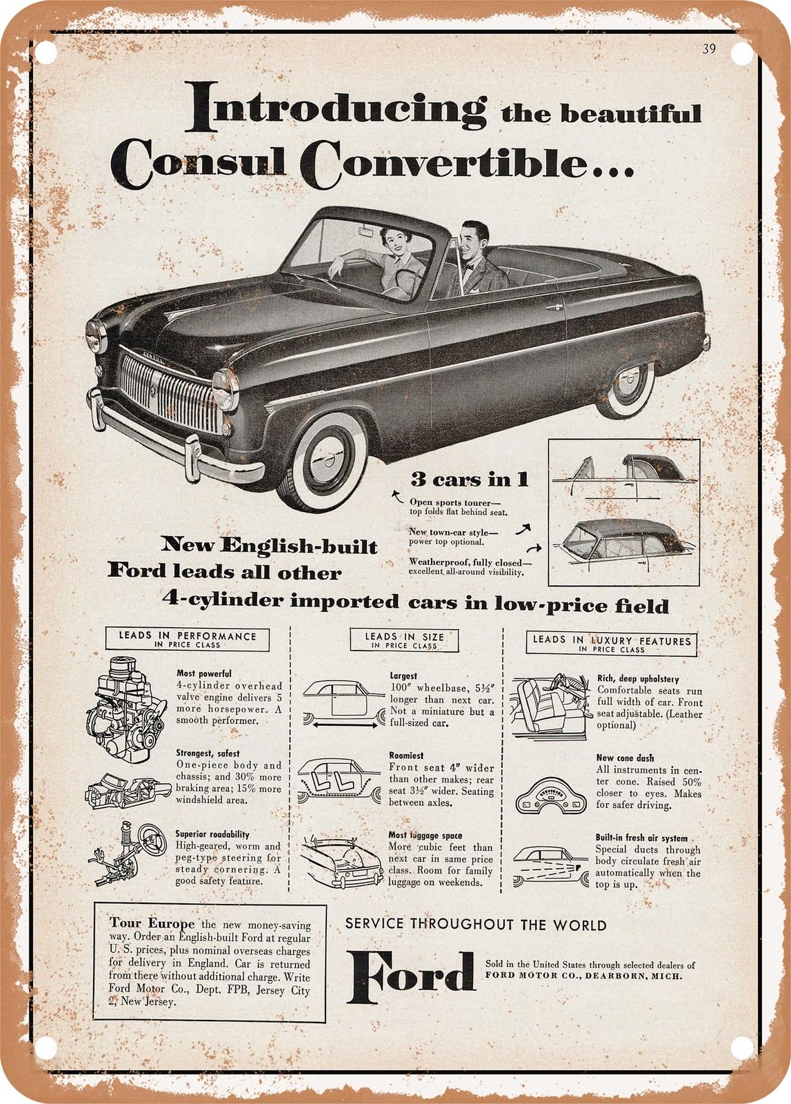 METAL SIGN - 1954 English Consul Convertible Vintage Ad home decor