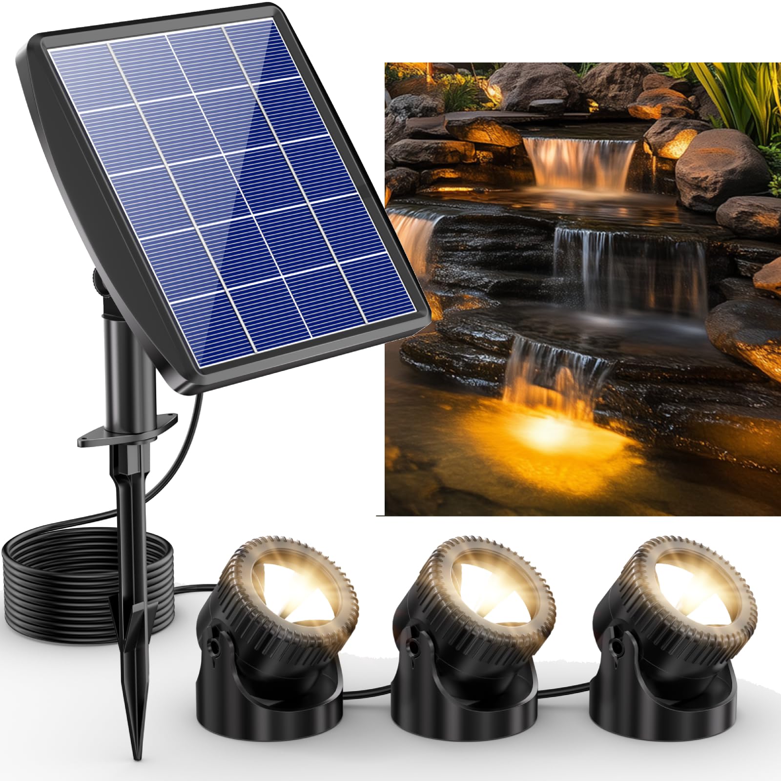 POPOSOAP Luces solares 3 en 1 para estanque, luces blancas cálidas bajo el agua, IP68 impermeables, luces LED para estanque, fuente, decoración de cascada de piscina, jardín y patio (3 luces)-P63H