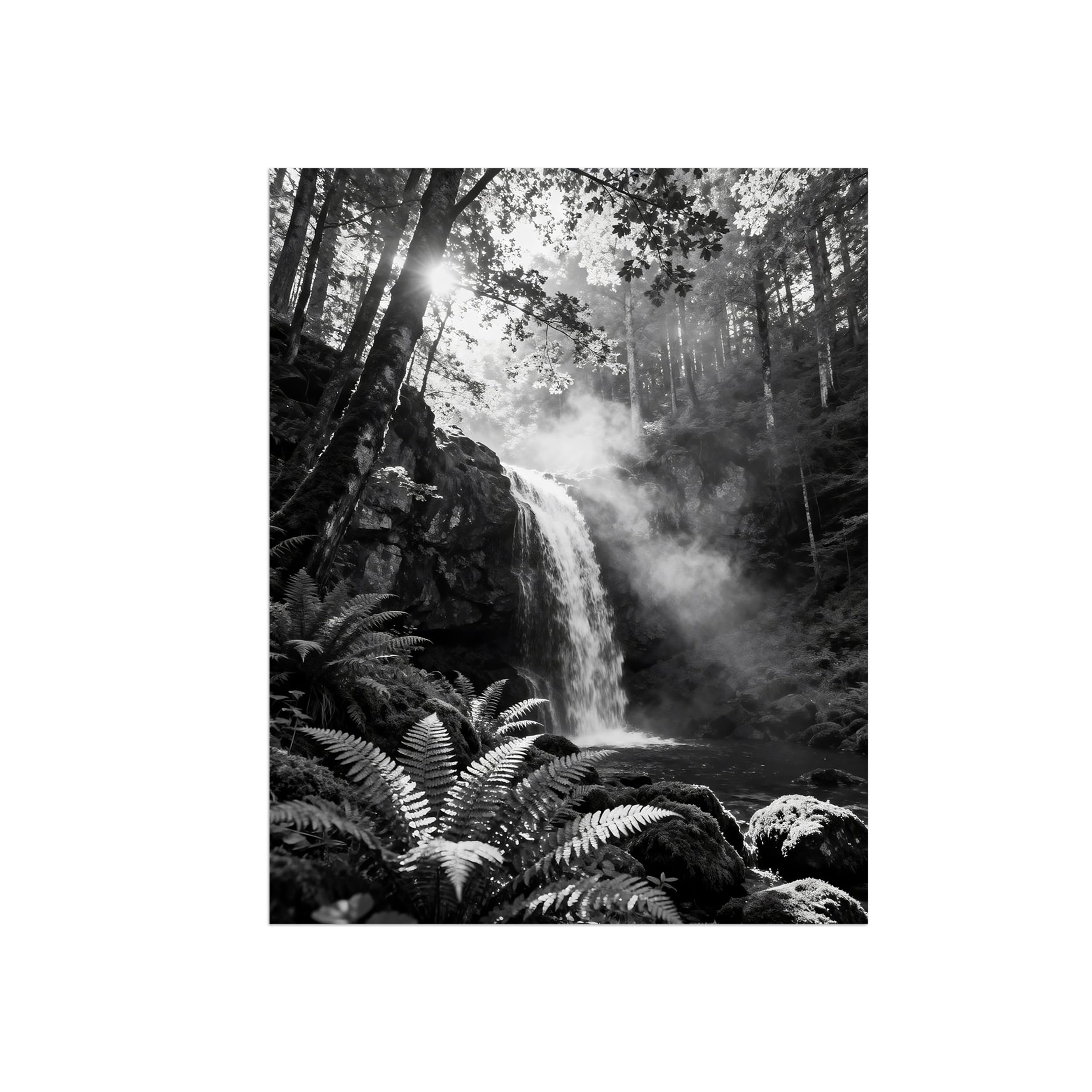 Black White Landscape Wall Art. Tree Waterfall. Picture 40x50cm Framed