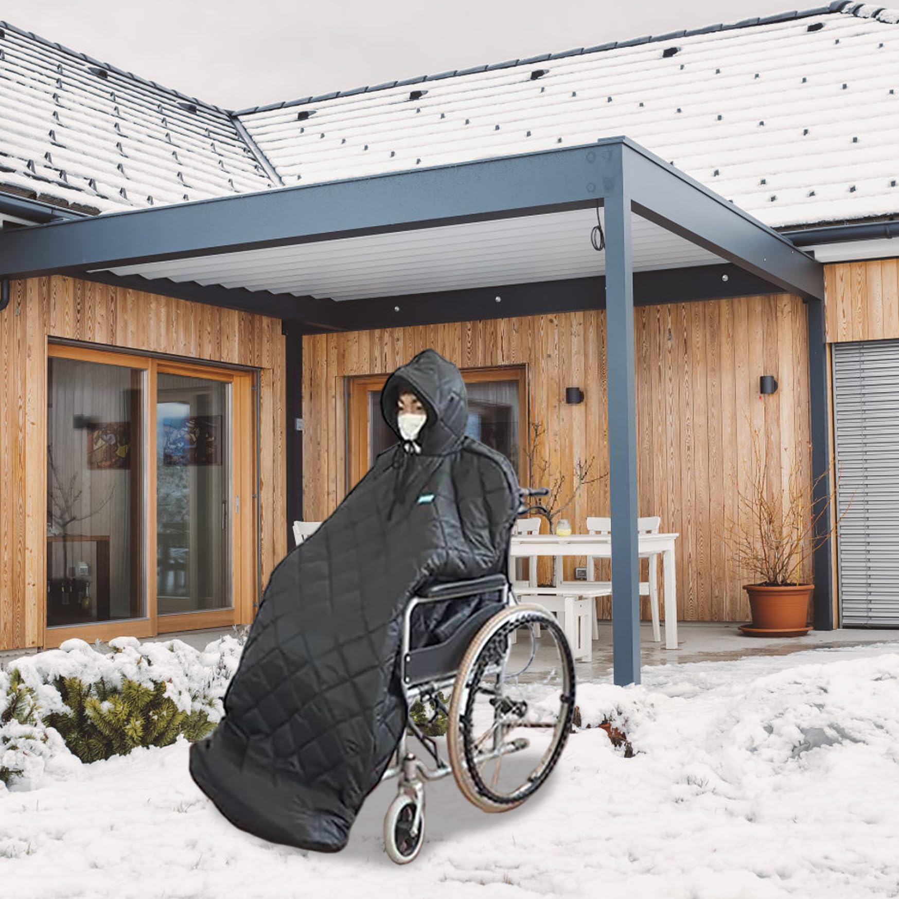 Manta para silla de ruedas Poncho para silla de ruedas con capucha de tela con forro polar cálido Cubierta de cuerpo completo resistente al viento e impermeable para adultos, hombres y mujeres co-