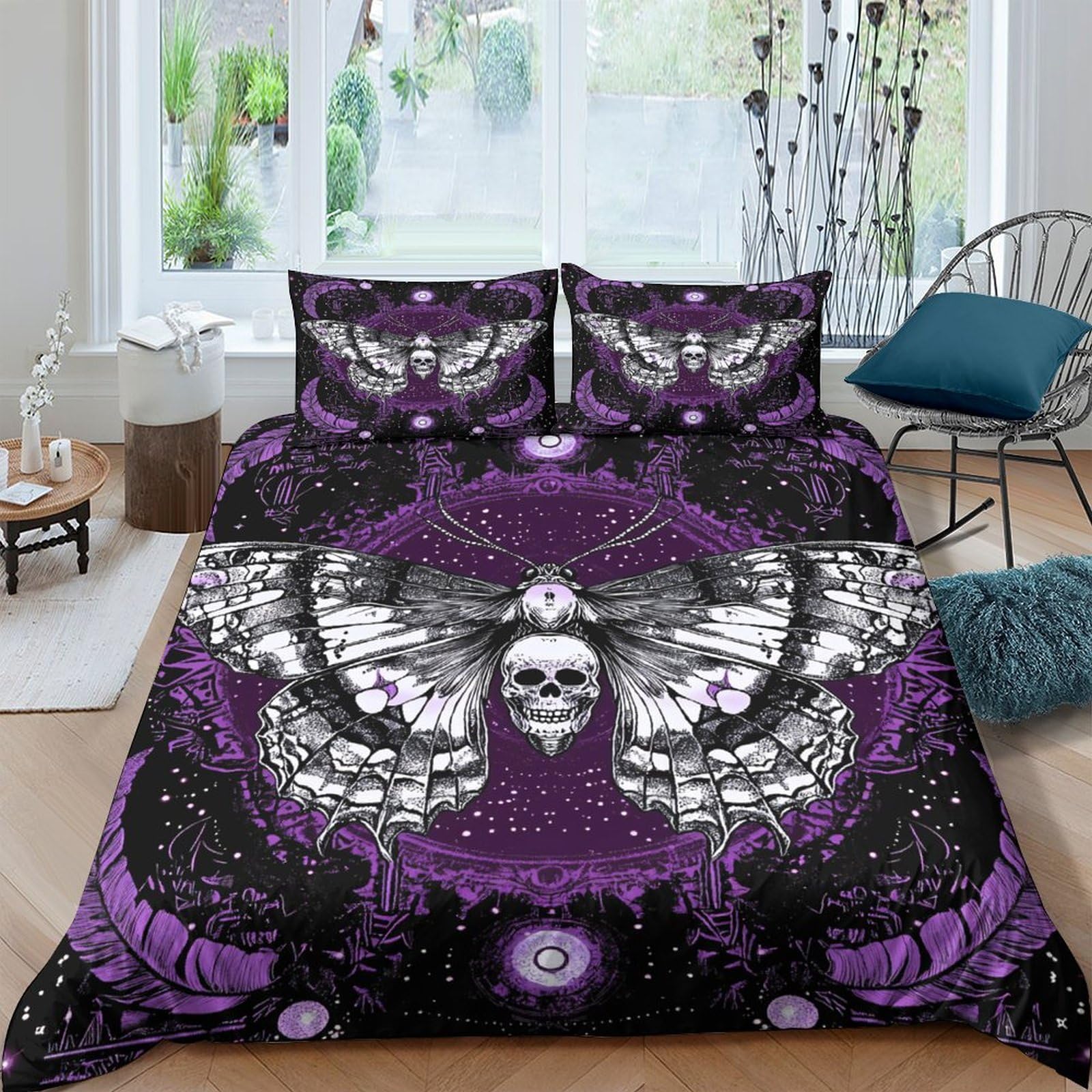 Ctjqhvkz Style-8 3D Printed Gothic Skull Butterfly Fitted Sheet Microfiber Purple Bed Cover For Bedroom Guest Room Decor Single（135X200cm）