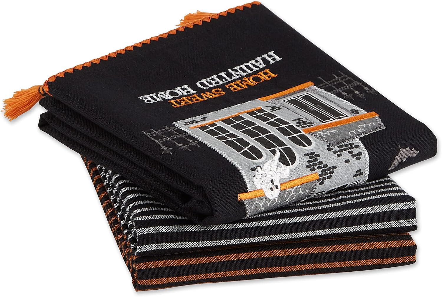 DII Happy Halloween Dishtowel Collection Embellished Cotton Kitchen Hand Towel Set, 18x28, Home Sweet Haunted Home, 3 Count