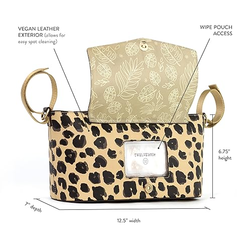 Miniatura 2 de TWELVElittle Organizador de cochecito Peek A Boo Carrito para cochecito con estuche de toallitas para bebé en piel vegana, leopardo