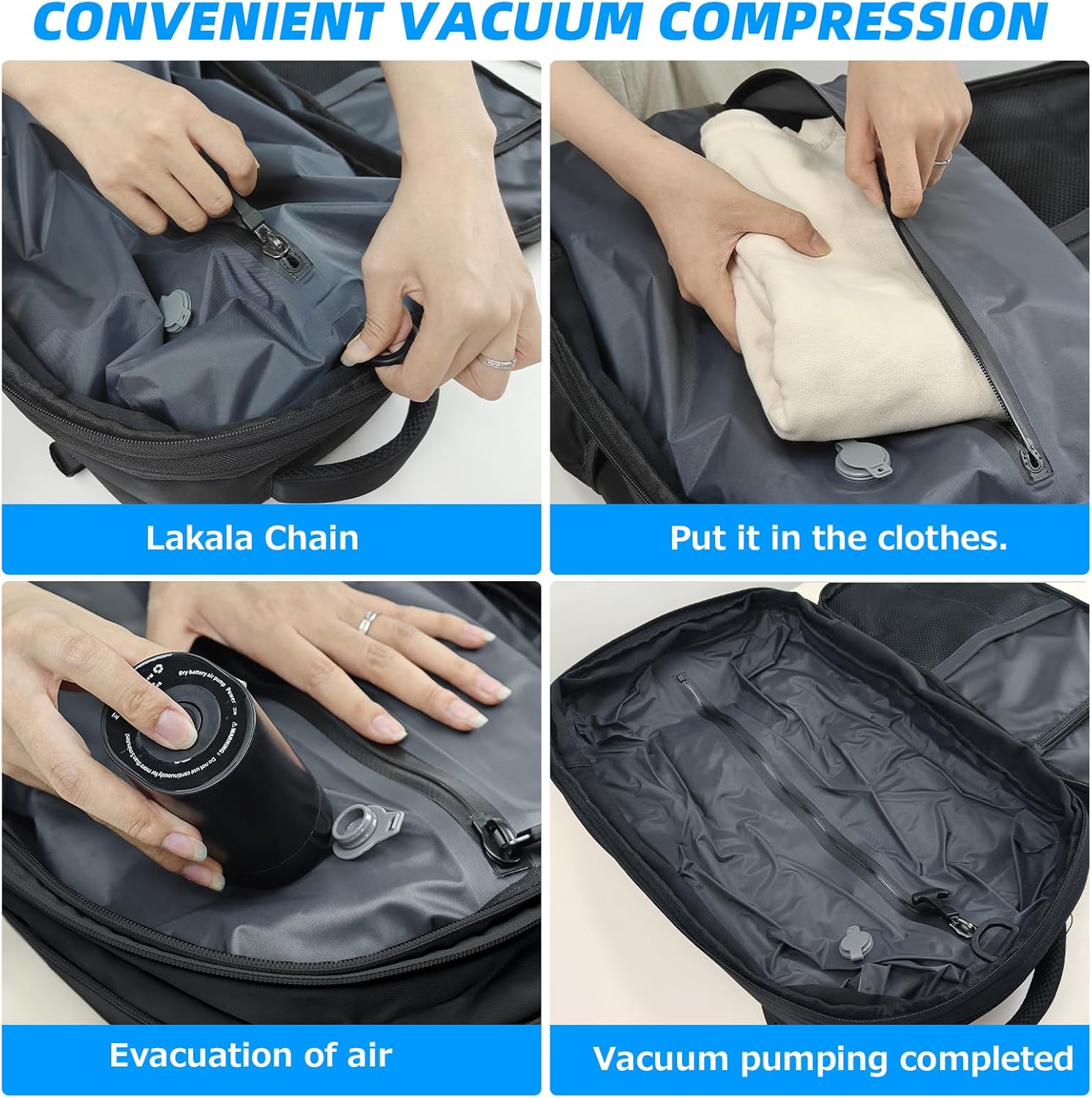 Lovvento Air Vacuum Compression Travel Backpack: Expandable Carry On Bag Vacuum with Pump Fit 17.3inch Laptop for Women and Men - Suitable for Business and Work Waterproof(Black) - Image 6