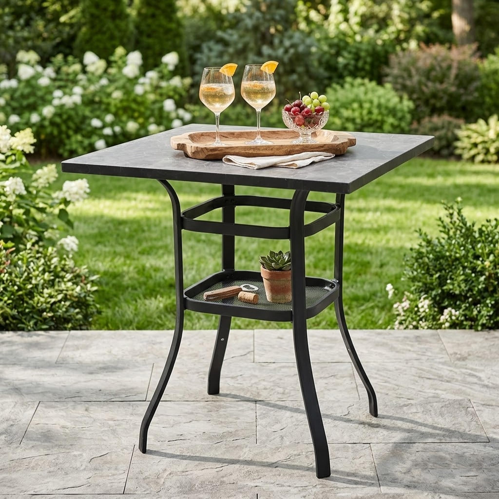 Kozyard Outdoor Bar Height Table with Realistic Marble Texture Top, 36" Square Patio Pub with 2-Tier Storage Shelves, All-Weather Metal High Top Bistro Table for Backyard, Balcony, Poolside