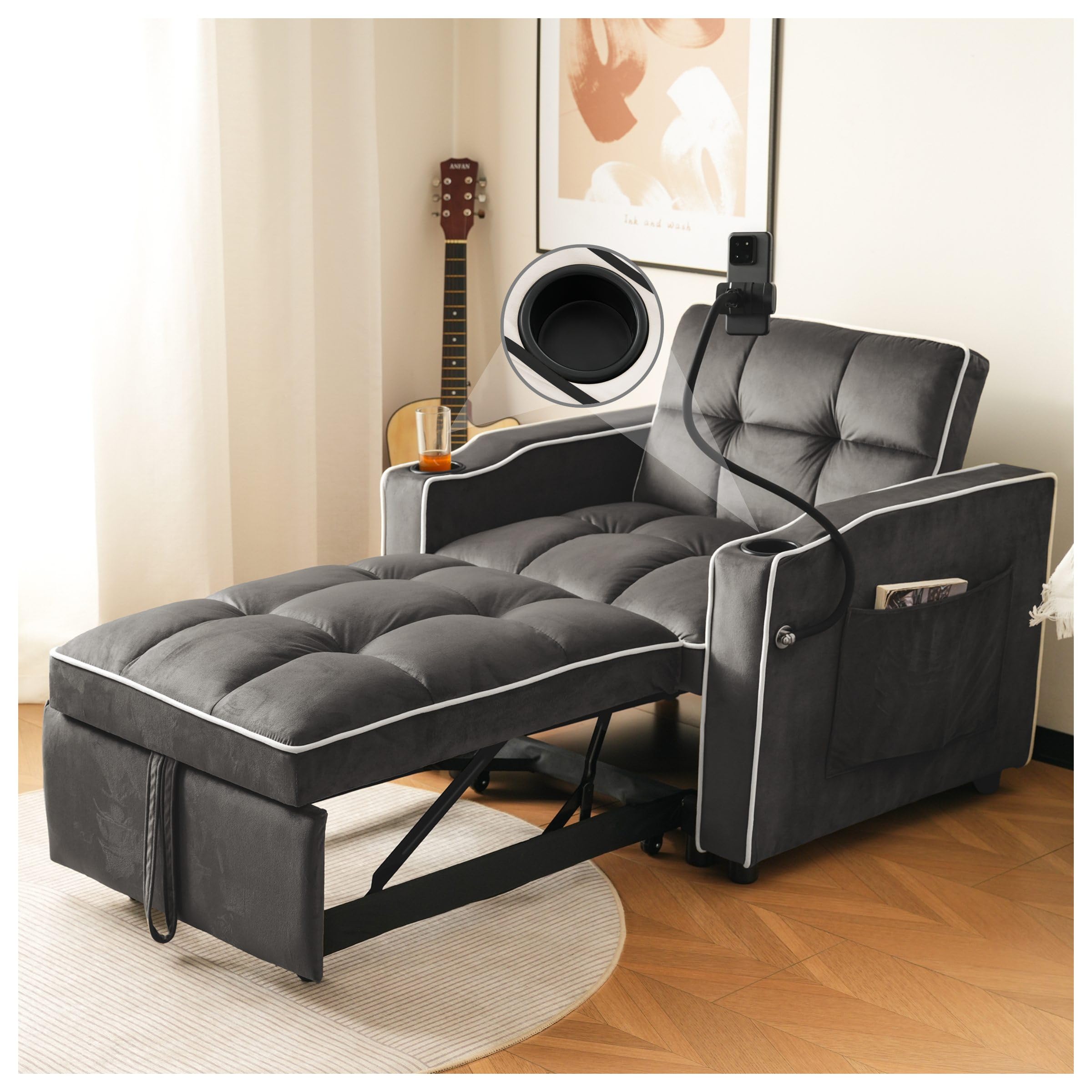Sofá cama individual extensible 3 en 1, con portavasos y soporte para teléfono móvil, sofá reclinable, sillón cama, sillón cama individual, perfecto para espacios pequeños, 83 x 167 x 76 cm, gris