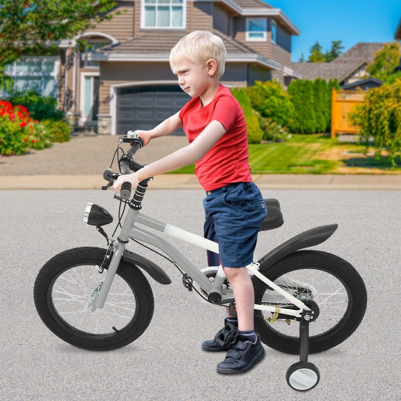 Vélo enfant 16 pouces pour garçon et fille, vélo avec roues stabilisatrices et lumière, hauteur réglable, vélo en acier au carbone pour enfant à partir de 4, 5, 6, 7 ans, gris