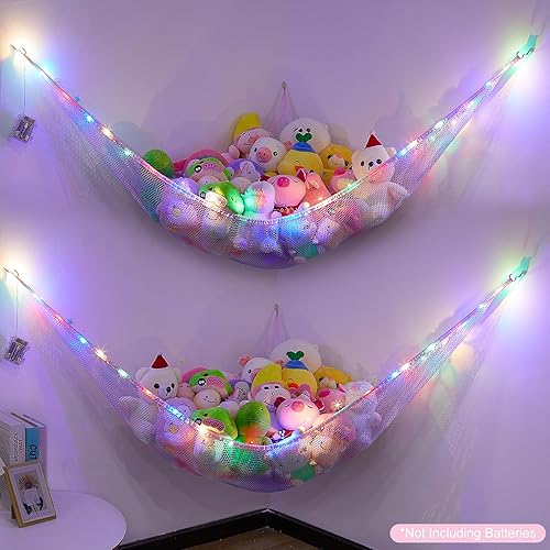 Miniatura 5 de Basumee Red de animales de peluche o hamaca con luz LED, hamaca de red de juguetes para almacenamiento de animales de peluche, hamacas para