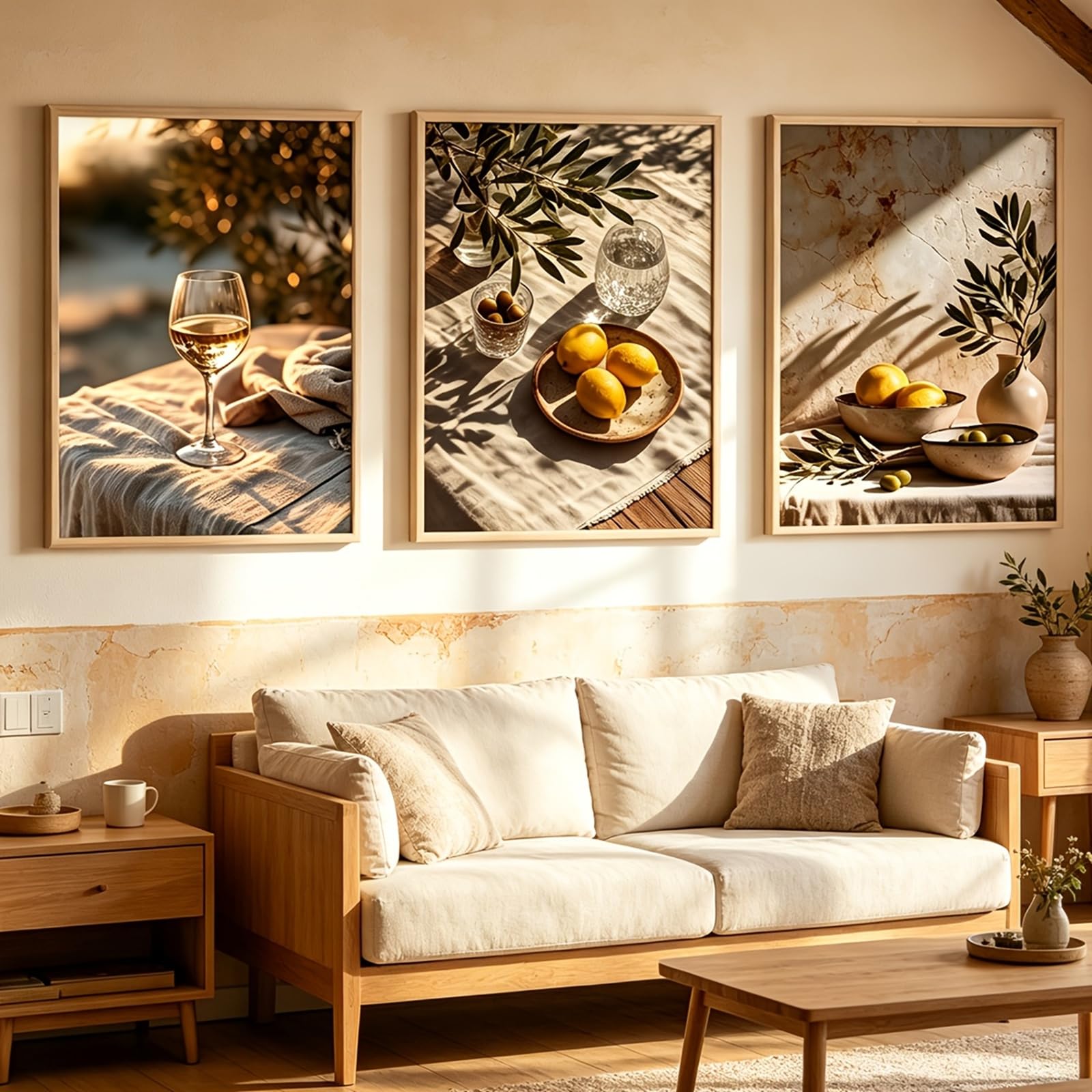 ZBELLO Set of 3 Posters, Wine, Lemons & Olives Wall Art, Mediterranean Travel Landscape, Aesthetic Canvas Poster, for The Living Room, Bedroom And Home Decor, Unframed (21x30cm)
