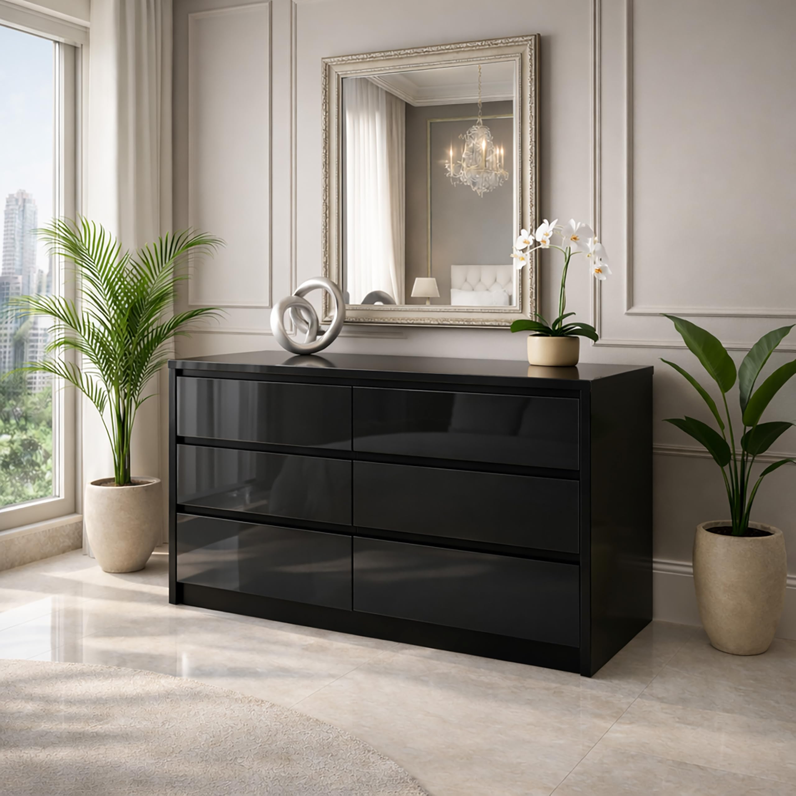 Harmin Handleless High Gloss 6 Drawer Sideboard/Cupboard/Buffet Solo/Chest (Black)