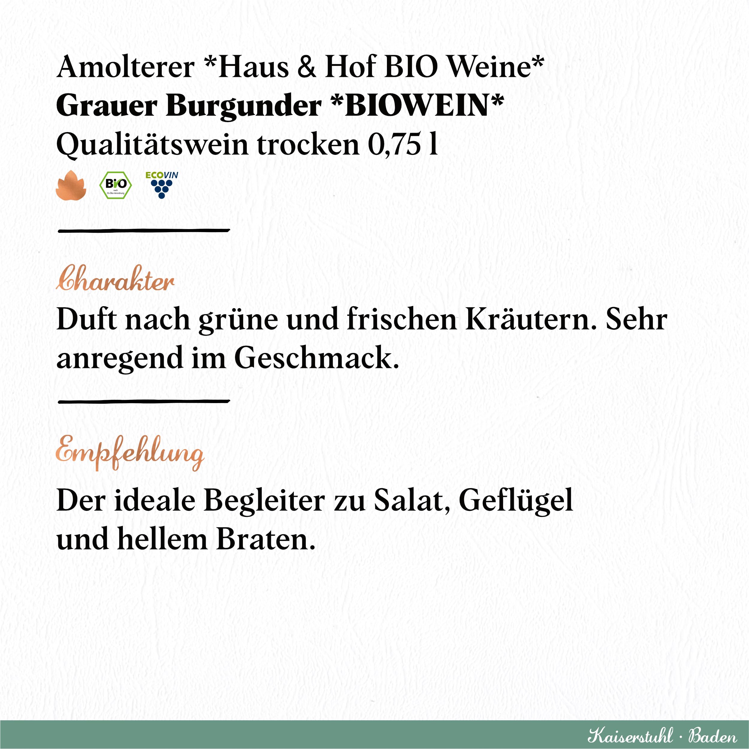 Jechtinger Grauer Burgunder QbA trocken - Silber 2025 AWC Vienna - Bio-Weißwein trocken, sehr anregend im Geschmack - Badischer Bio-Wein, Anbaugebiet Kaiserstuhl (6 x 0,75 l)
