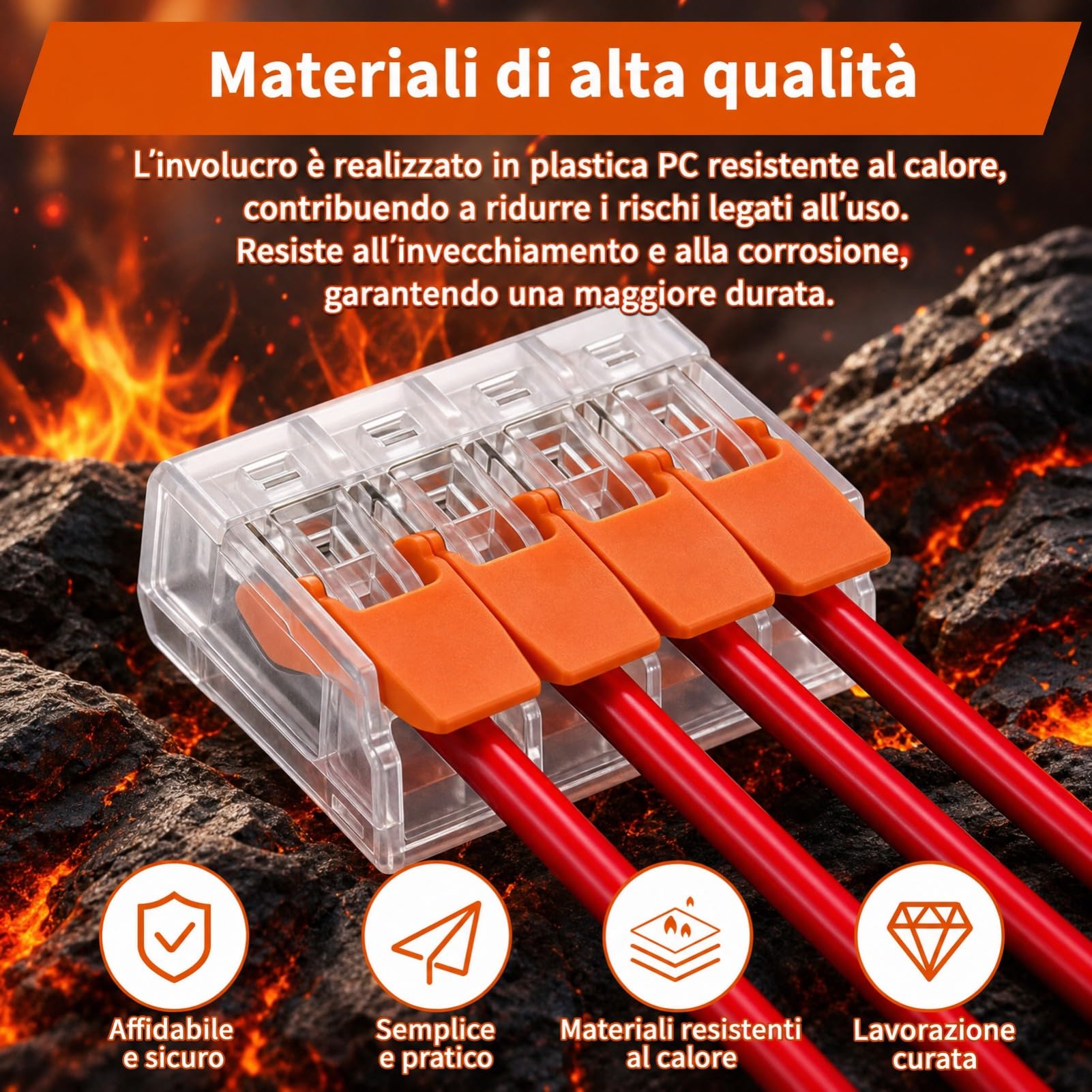 88 Morsetti per cavi elettrici, 2 Poli, 3 Poli, 4 Poli, 5 Poli, Morsetti elettrici con leva di azionamento, Morsetto di collegamento per cavi 0,14 – 4 mm², Morsetto per cavi fissi, 2 – 5 Conduttori
