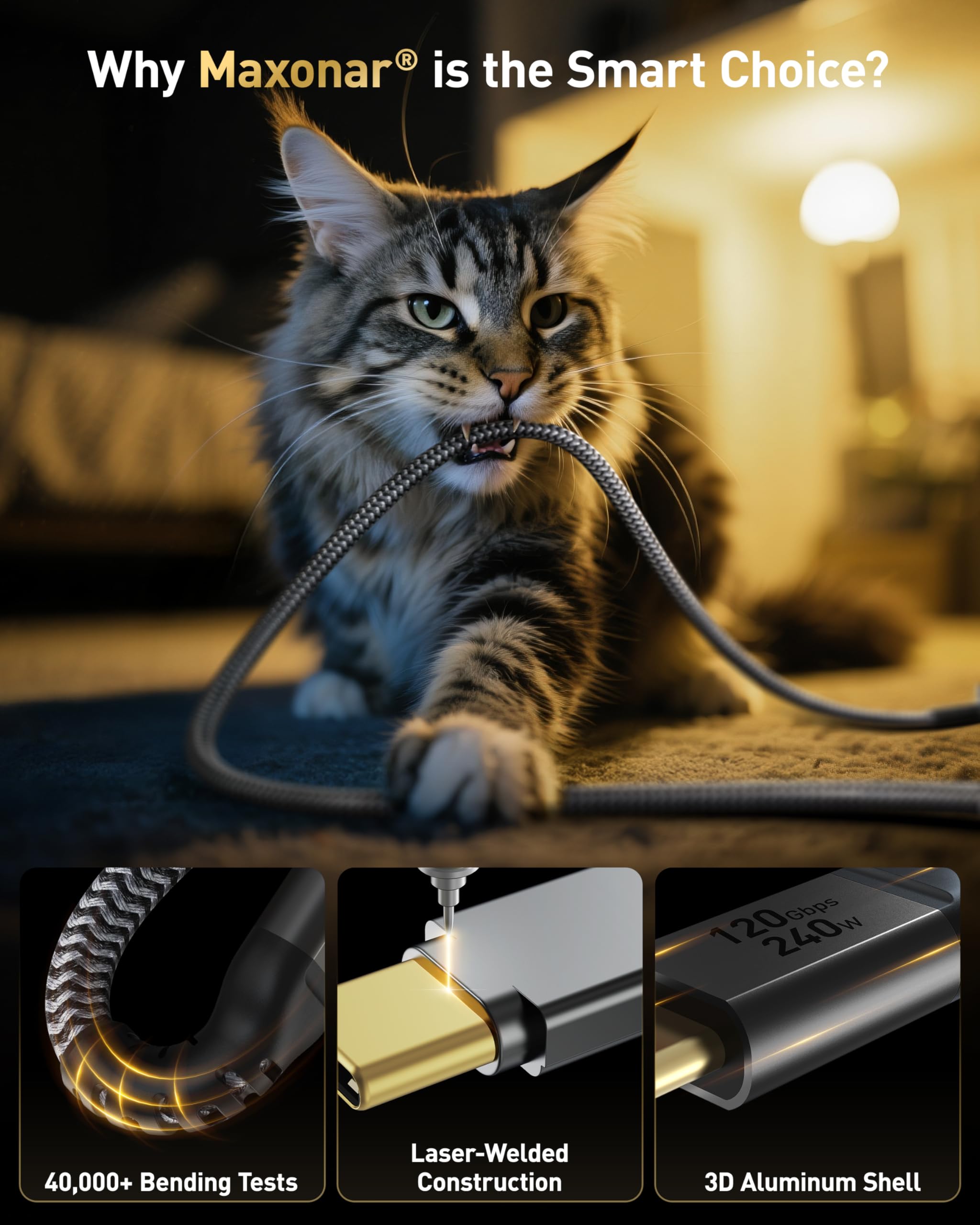 Maxonar 80Gbps Thunderbolt 5 Cable 3.3FT [Desktop-First], 240W PD 3.1 Fast Charging, 120Gbps Bandwidth for 16K/8K Video Editors & 3D Rendering Compatible with MacBook Pro, Studio Display, eGPU, Docks Product Image 5