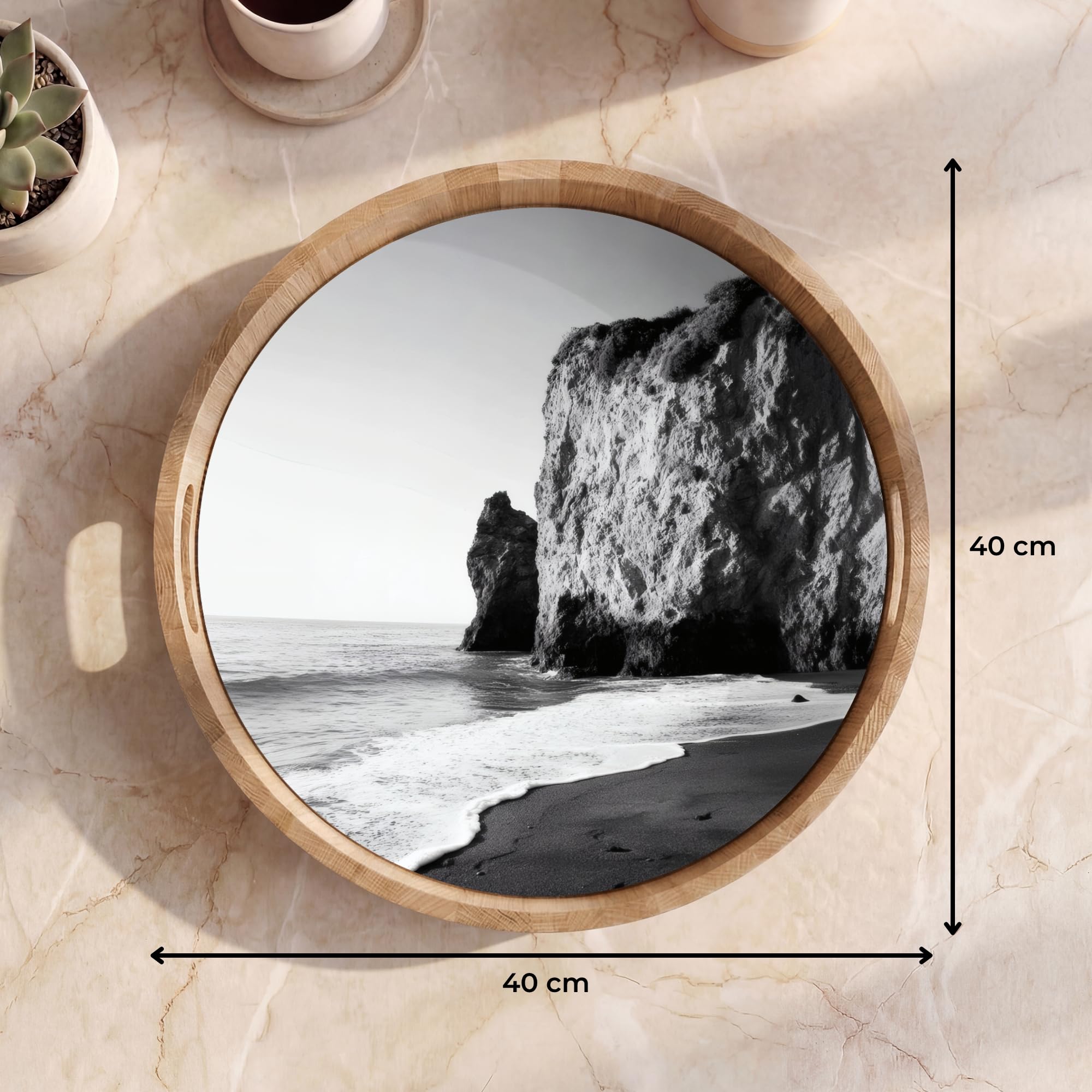 Bandejas para Servir Comida Redonda 40x40 cm Bandeja Desayuno Decorativa Cafe Tabuleiro Resistente A Los Arañazos Antideslizante Playa - Acantilado - Olas - Pisadas