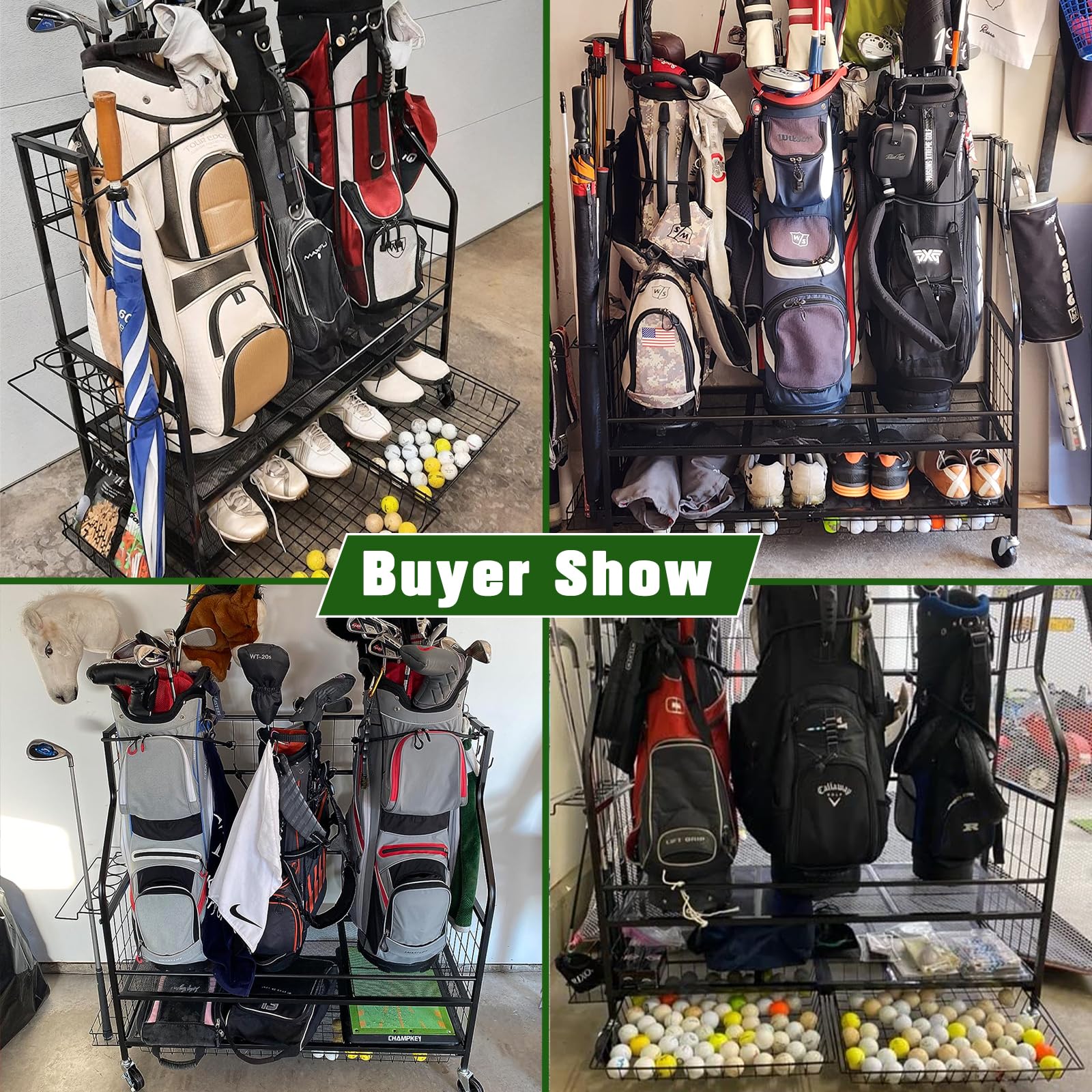 FHXZH 3 Golf Bag Storage Garage Organizer, Golf Bag Stand Fit for 3 Golf Bags, Golf Clubs, Golf Balls, Golf Equipment Accessories, Golf Bag Storage Rack with Wheels for Garage, Club, Shed, Basement