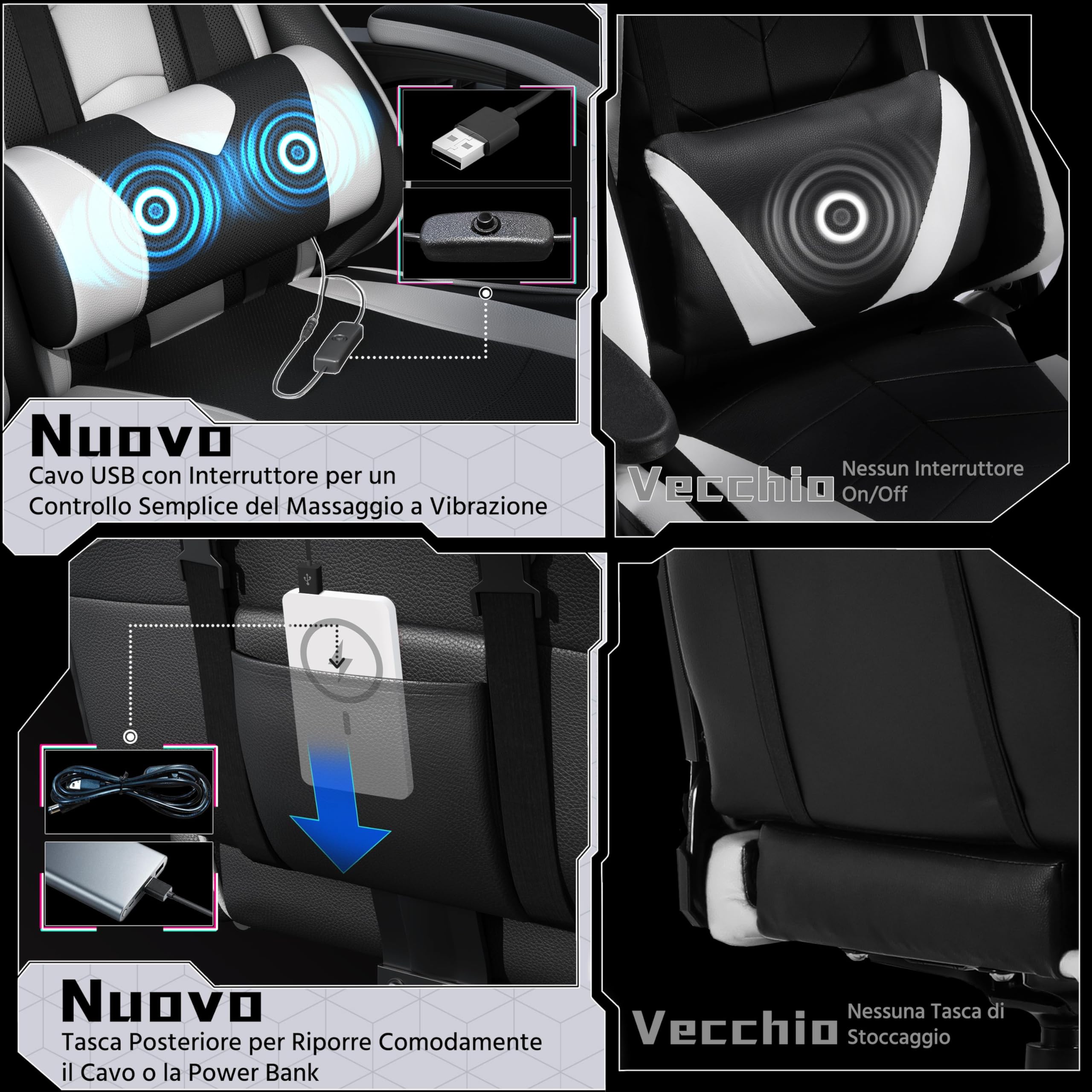 Sedia Gaming Ergonomica Massaggiante Reclinabile 90-135° con Poggiapiedi Poggiatesta e Supporto Lombare Braccioli Imbottiti in Finta Pelle, Poltrona Gamer con Ruote Portata 150 kg Bianco