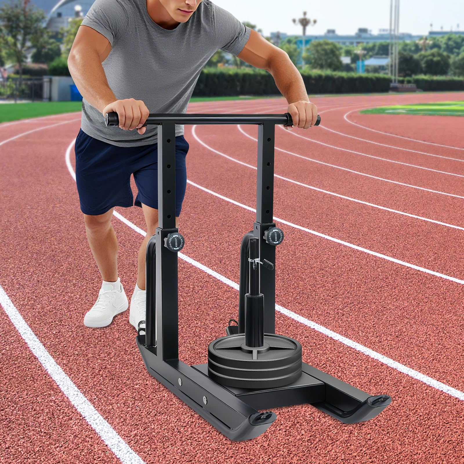 Trineo de peso, 5 alturas ajustables, trineo de fitness, capacidad de carga 200 kg, Power Sled con correa de hombro ajustable, trineo de entrenamiento de peso, mejora la fuerza explosiva, para discos