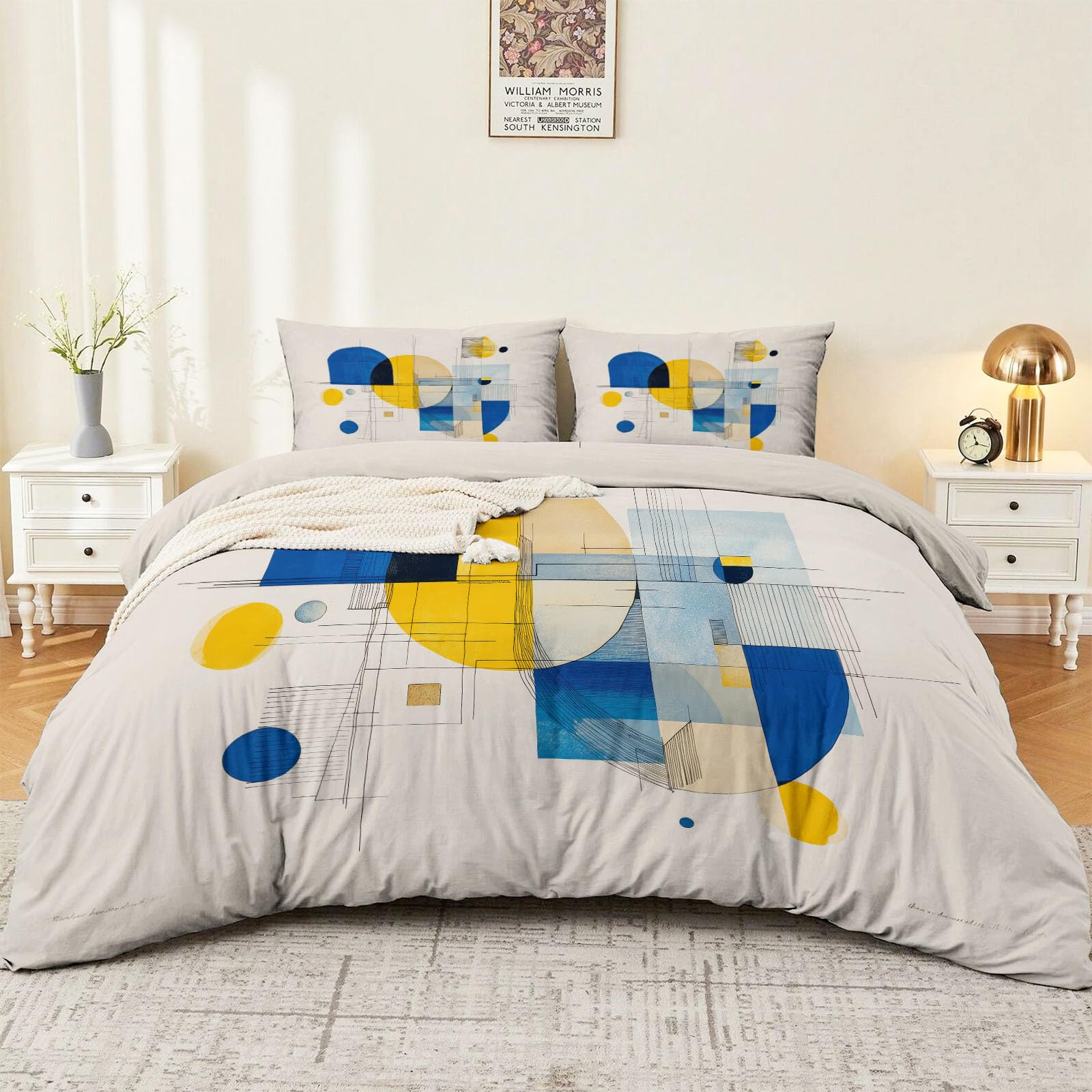 Set copripiumino bianco crema, 230 x 220 cm, traspirante, motivo geometrico astratto a blocchi di colore, in microfibra, facile da pulire, con cerniera e federe, per ragazzi