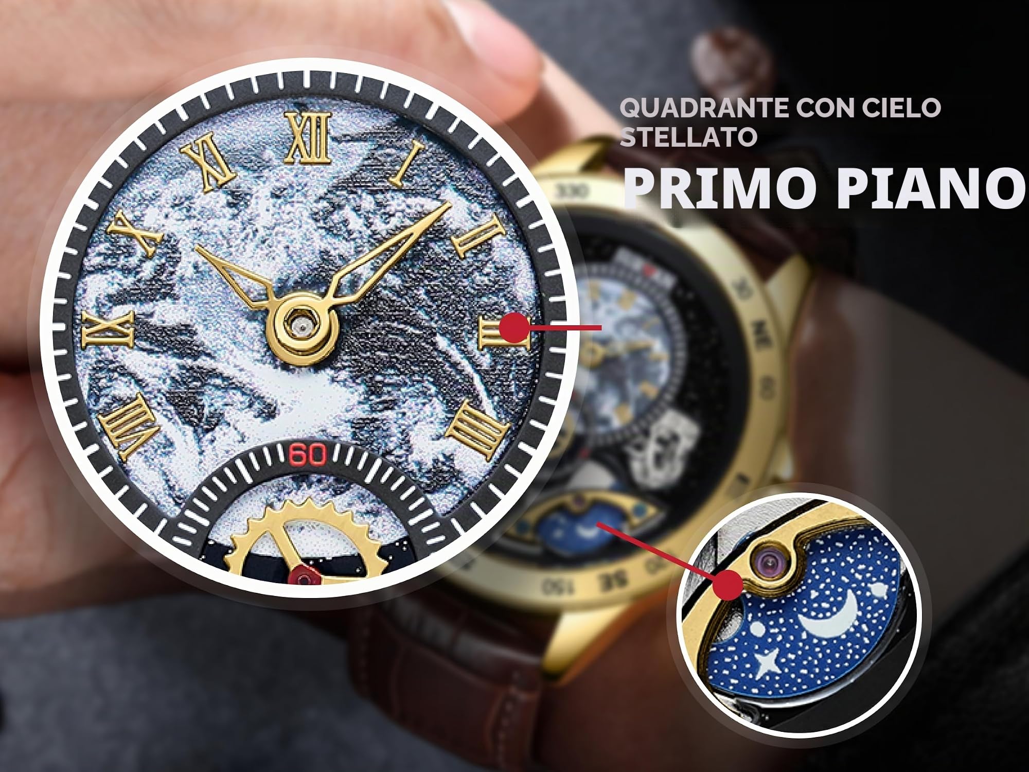 Orologio Automatico Meccanico da Uomo Scheletrato,Quadrante con Mappa del Mondo, Cassa in Acciaio Placcata Oro 18K, Vetro Zaffiro, Cinturino in Pelle Vera, Eleganza