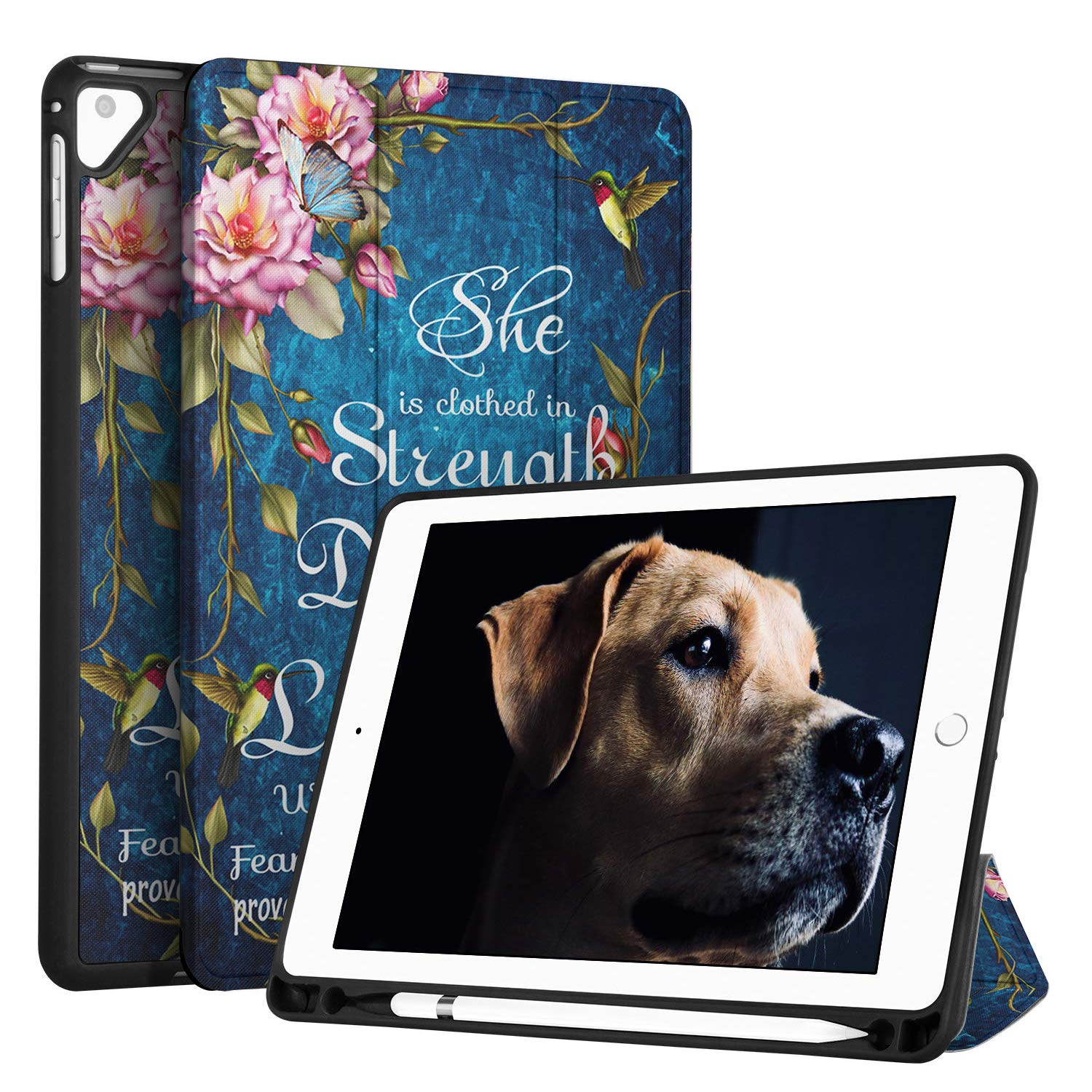 iPad Pro 9.7" 2017/iPad Air 2018 9.7" Case,CICPLKSE Bible Verse Proverbs 31:25 Flower Slim Stand Folio Case with Pencil Holder,Auto Sleep/Wake Back Smart Soft TPU Cover Case for iPad 5th/6th Gen