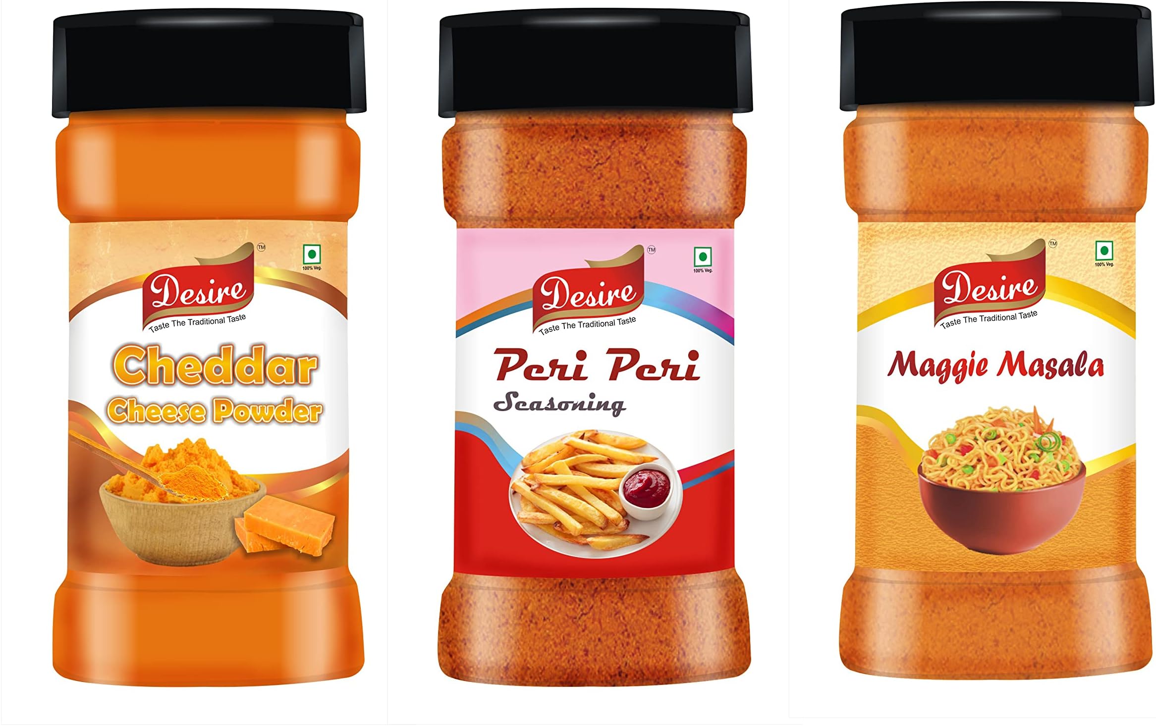 Desire Cheddar Cheese Powder, Maggie Masala, Peri Peri Masala (Multi Seasoning) 100g Each