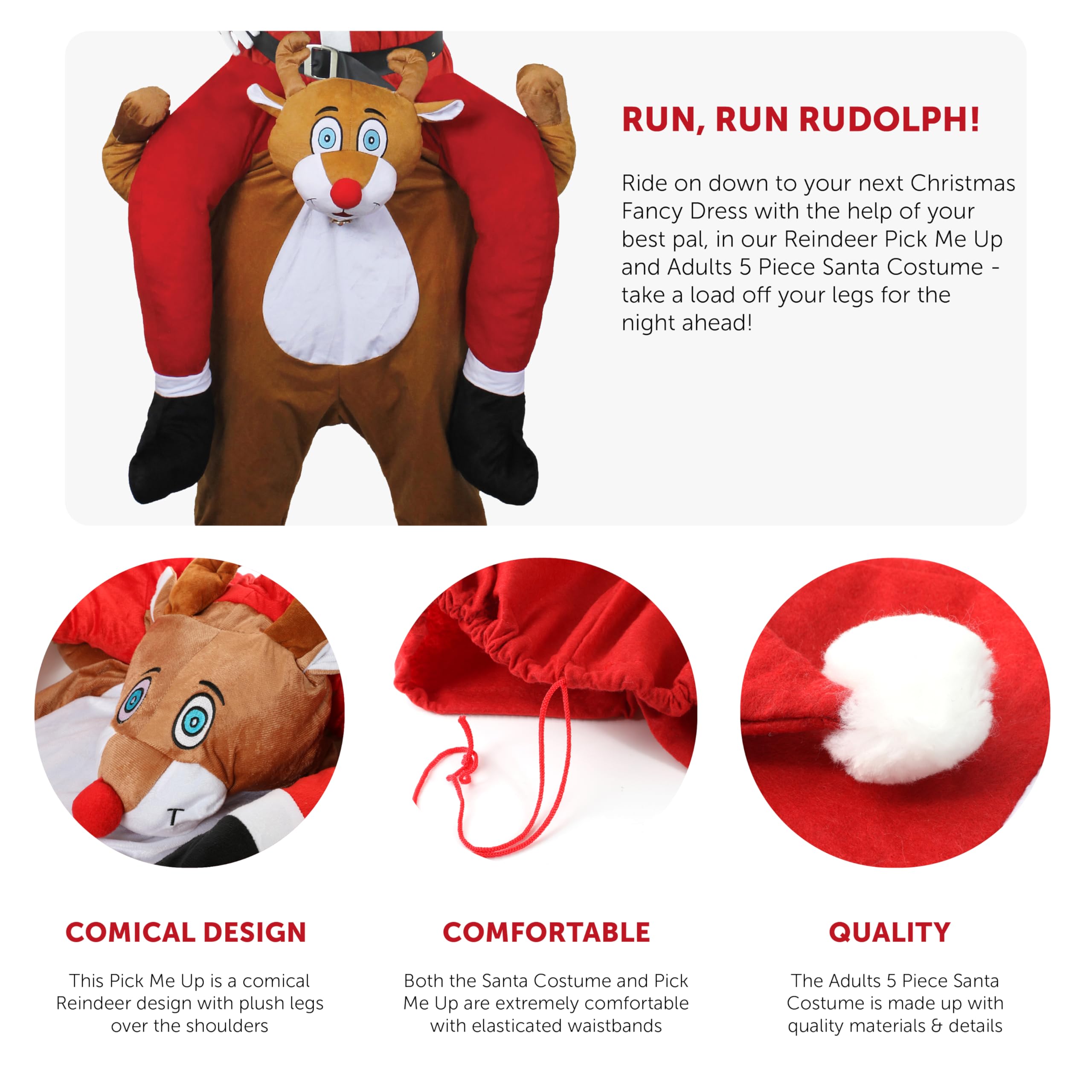 I LOVE FANCY DRESS LTD Reindeer Boże Narodzenie koszt - czerwony nosed reindeer zrób mi koszt z pluszowymi podrobionymi nogami (jeden rozmiar) + czerwony kosz Świętego Mikołaja z pasującą czapką (rozmiar: XL duży)