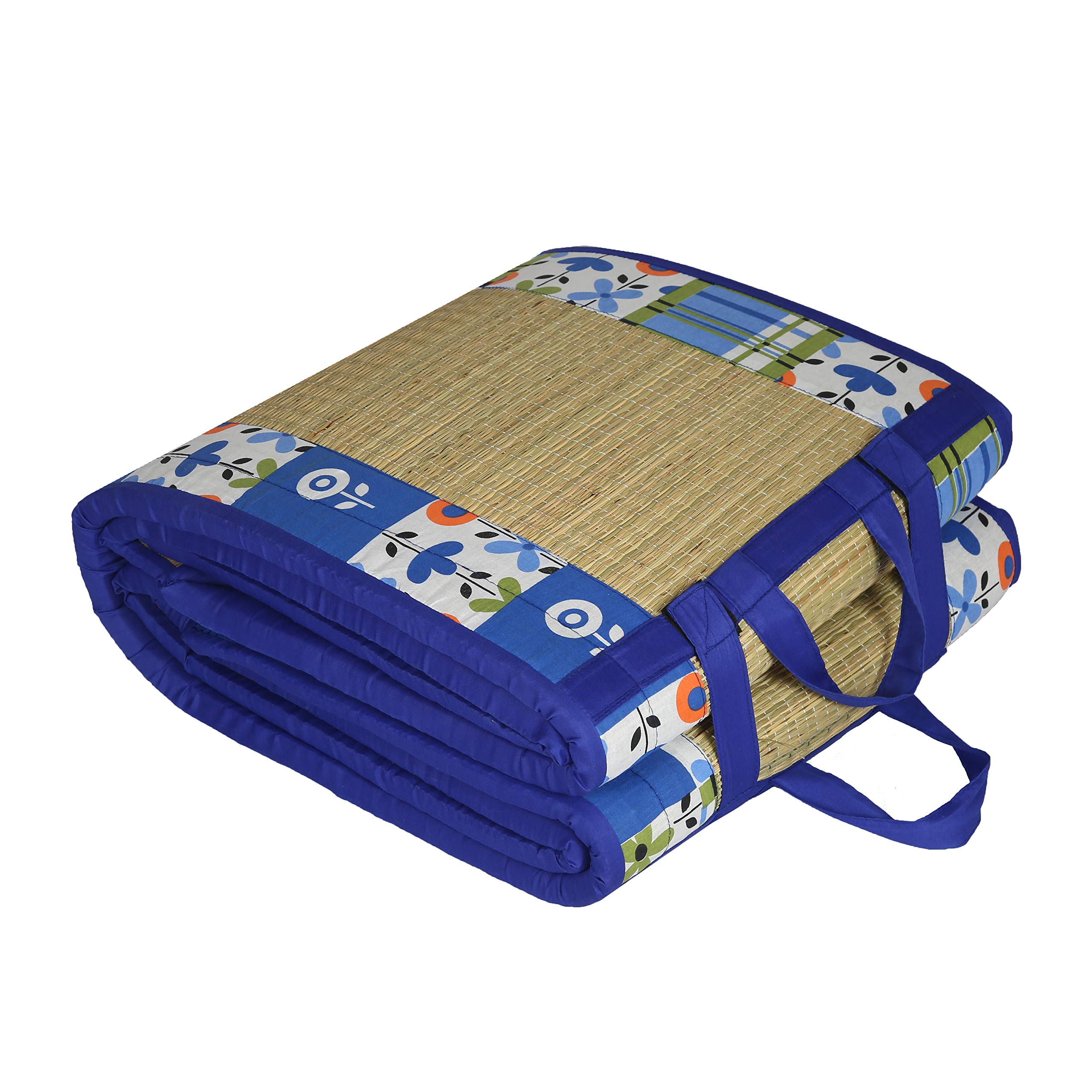 Foldable Mat with Korai River Grass Chatai 2.5 X 6 Feet 15MM Soft Foam Blue Cotton Fabric, Reduced Back Pain Portable