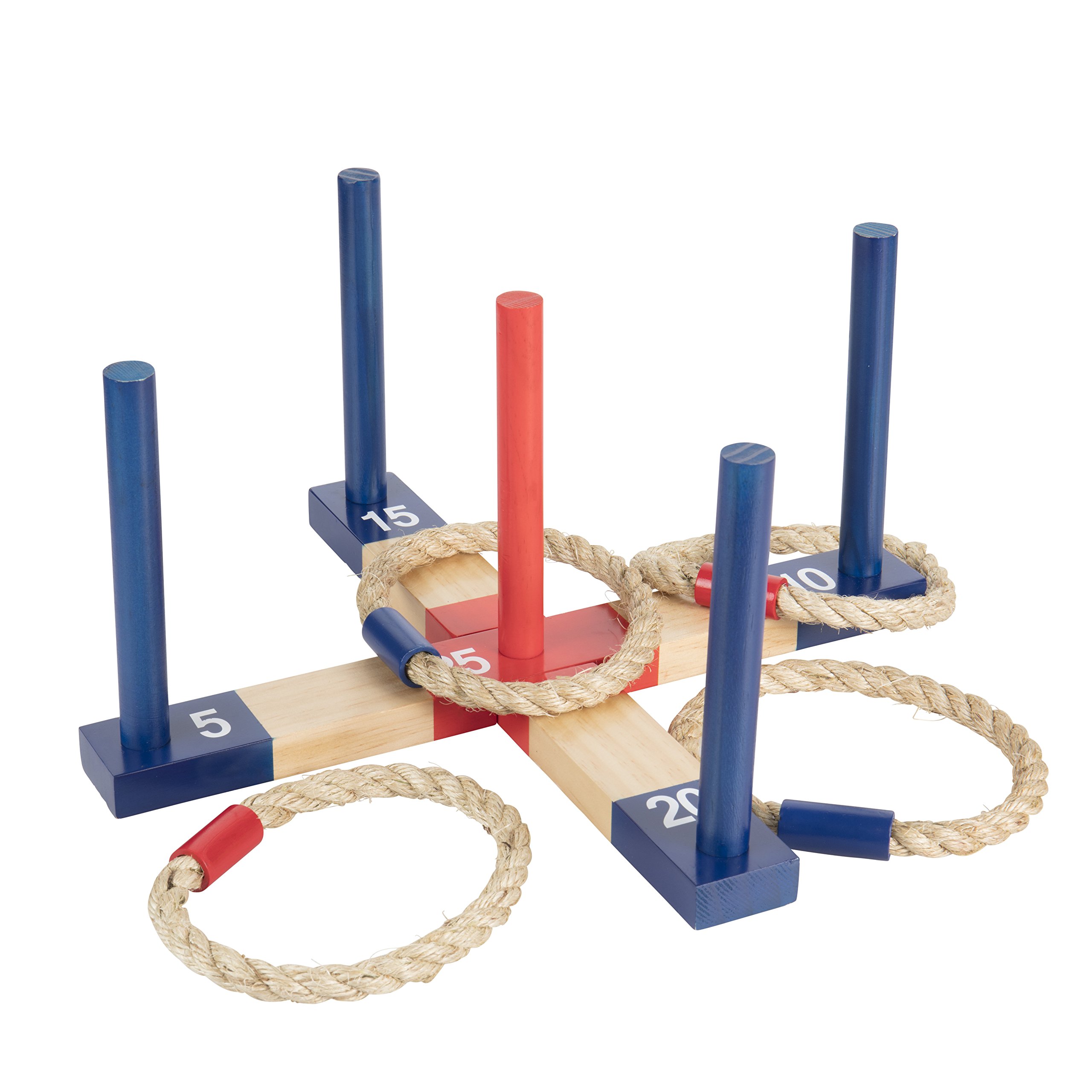 Triumph Sports Triumph Compact and Portable Wood Ring Toss with 1 Wooden 5-Peg Target, 2 Red Rope Toss Rings and 2 Blue Rope Toss Rings