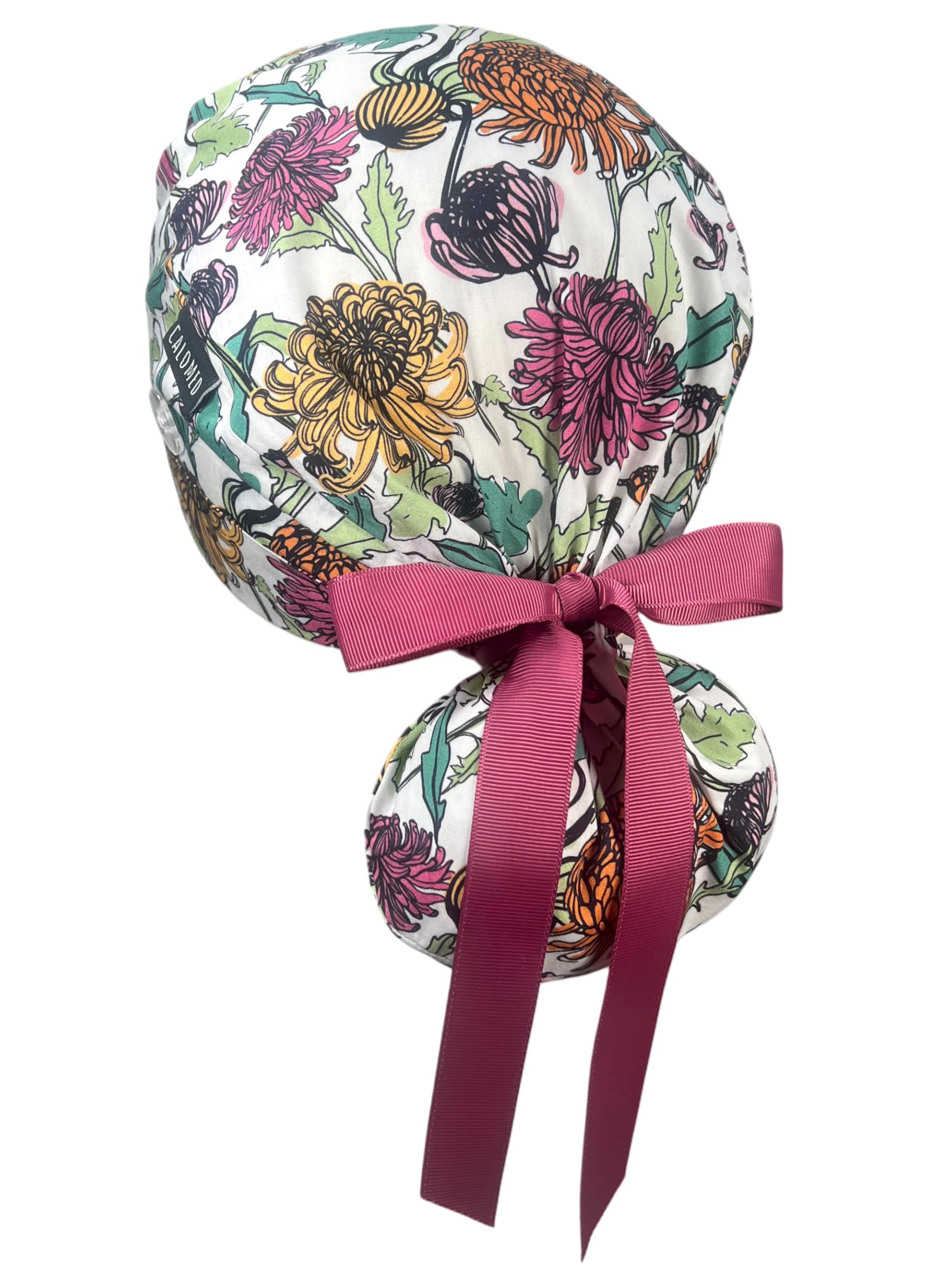 Scrub Cap for Women and Men, Ponytail Scrub Caps, Working Hat, Head Cover with Ribbon Ties and Buttons, Long Hair