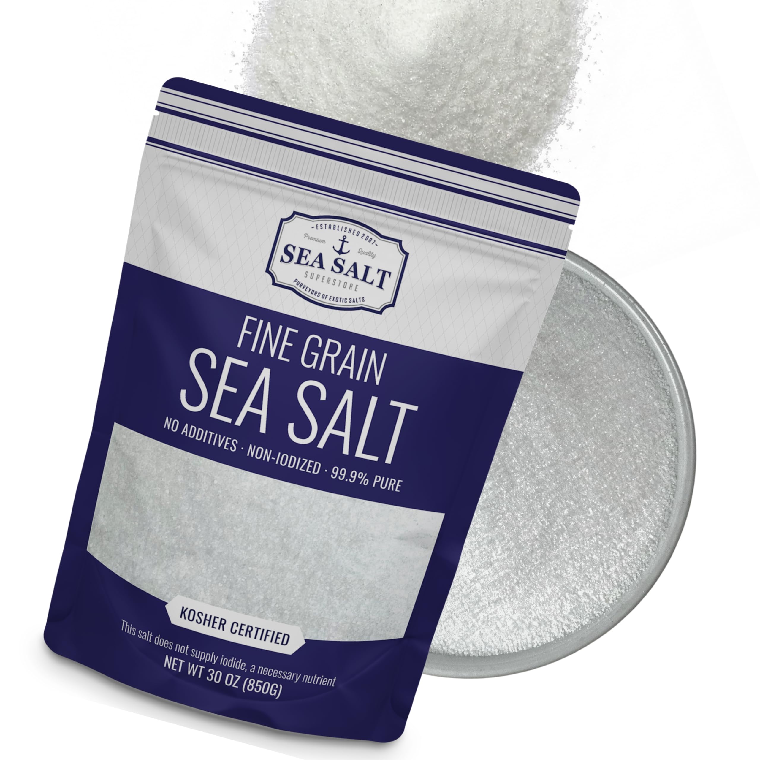 Fine Grain Sea Salt, Pure Non-Iodized Baja Fine Sea Salt for Mineral Rich Cooking, Baking and Table Use, 30 oz Bag