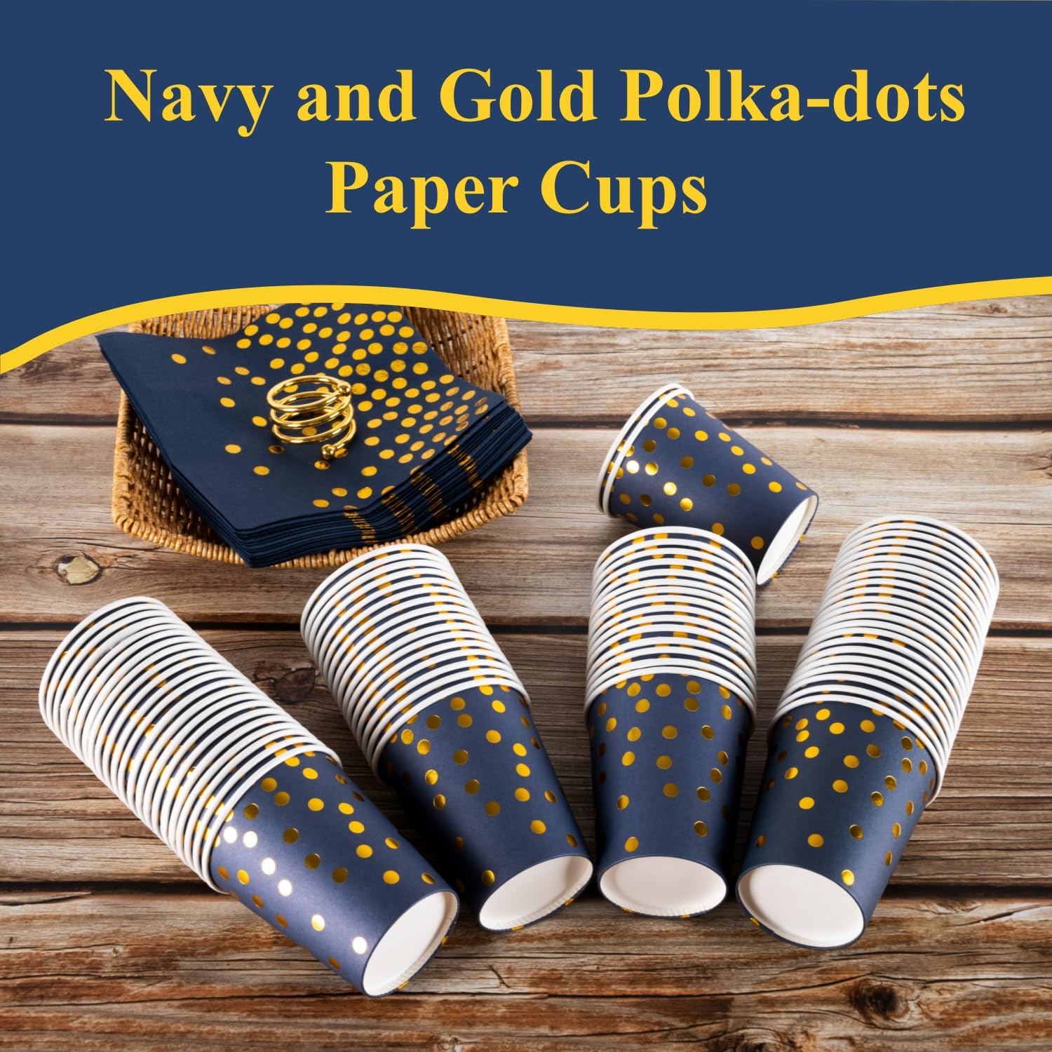 CEILIWEN 100-Pack 9oz (250ml) Navy Blue & Gold Foil Dot Party Cups, Elegant Royal Blue Paper Cups for Hot & Cold Beverages - Image 3