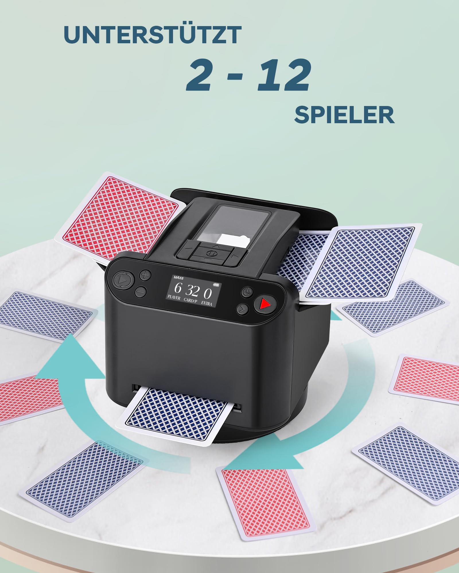 Automatischer Kartenmischer und Austeiler, 360° Drehung für 1–2 Decks, Kartenmischmaschine Kartenmischgerät mit verteiler, 2–12 Spieler mit 4 Fernbedienungen, Wiederaufladbar, Leise für Poker Schwarz