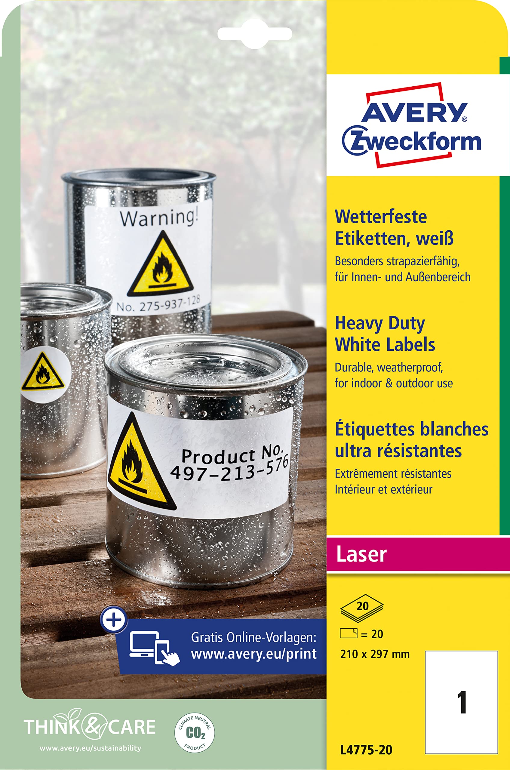 AVERY Zweckform L4775-20 Wetterfeste Folienetiketten (20 Klebeetiketten, 210x297mm auf A4, extrem stark selbstklebend, wasserfest, strapazierfähig, bedruckbare Outdoor Klebefolie) 20 Blatt, weiß