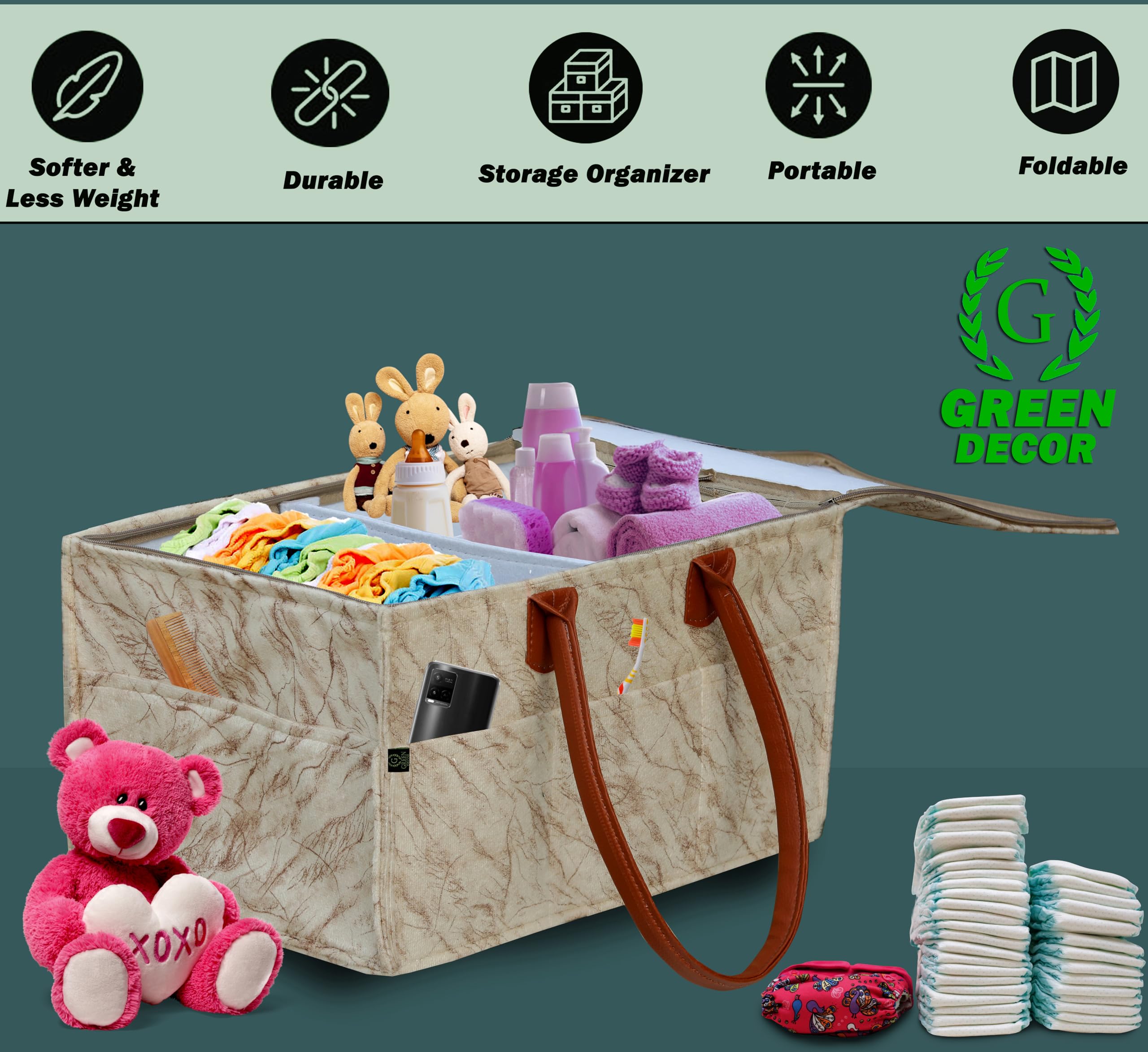 GREEN DECOR - Non Woven Fabric Cute Diaper Caddy Bag with Handles & Zip Lock for Smart Mothers Baby Diaper Caddy Wipes Felt Storage Organizers,Foldable and Portable(Marble Cream- 18X12X9 Inch) 2