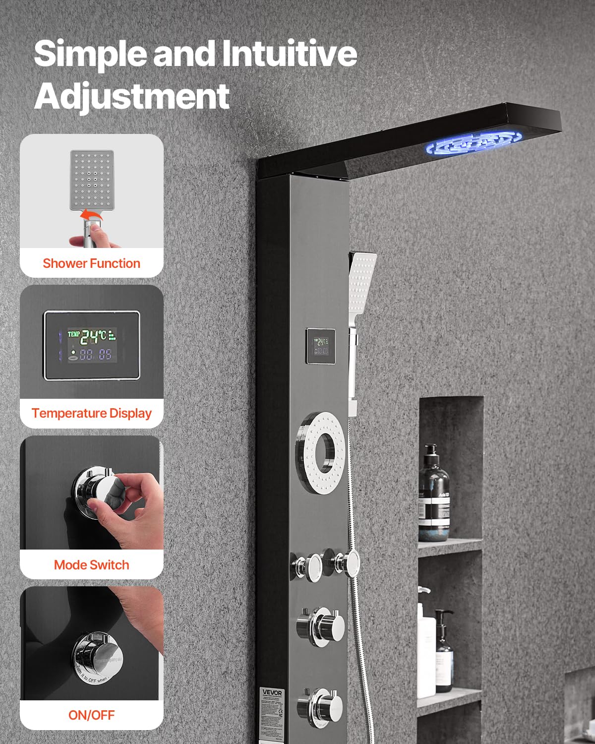 VEVOR Pannello Doccia con Sistema a Torre con Soffione a Pioggia, LED, Colonna Doccia in Acciaio Inox Spazzolato da 1345 mm Rubinetto a 6 Funzioni, con 5 Getti Corporei, Doccetta, Beccuccio per Vasca