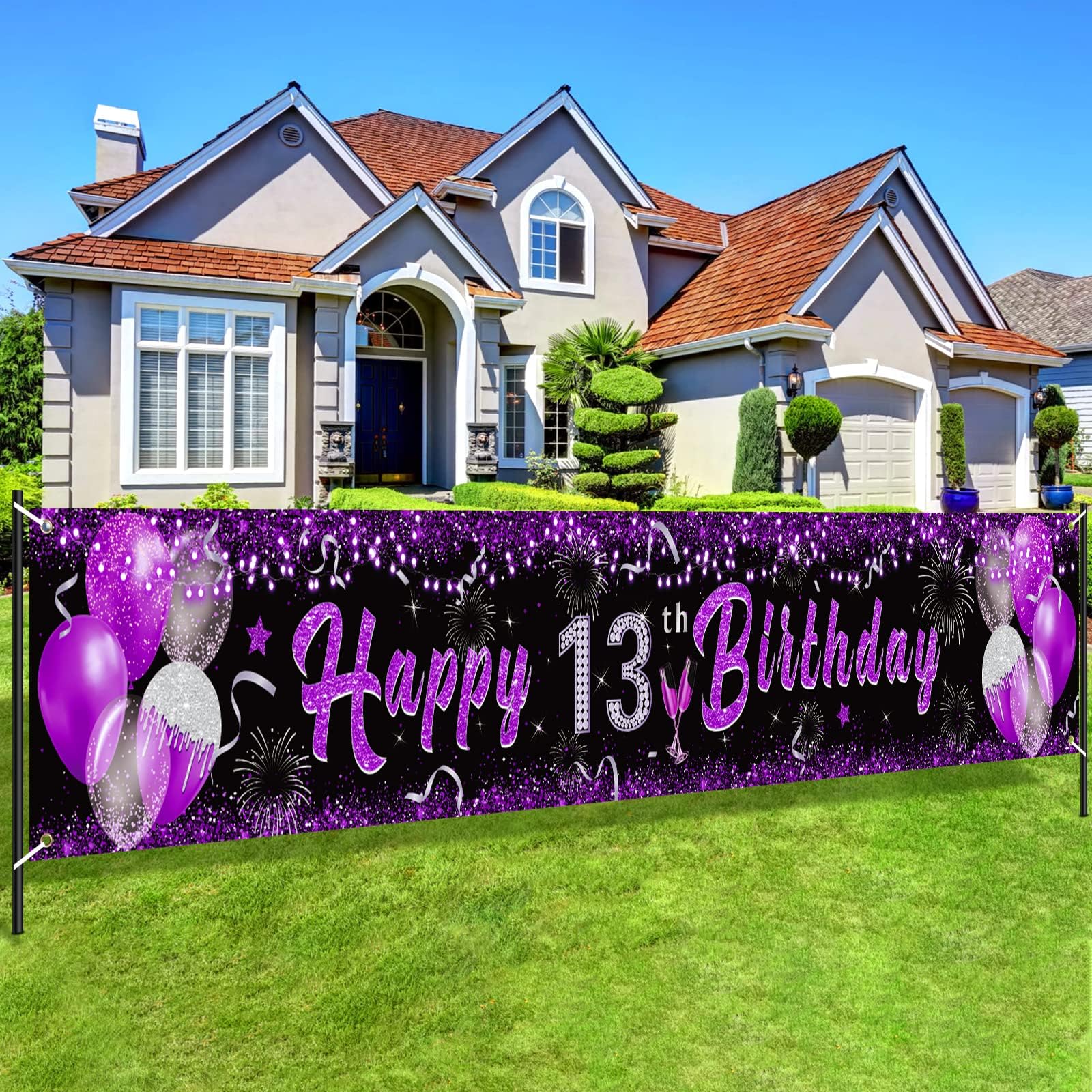 Purple Happy 13th Birthday Yard Banner & Sign for 13th Birthday Party Supplies