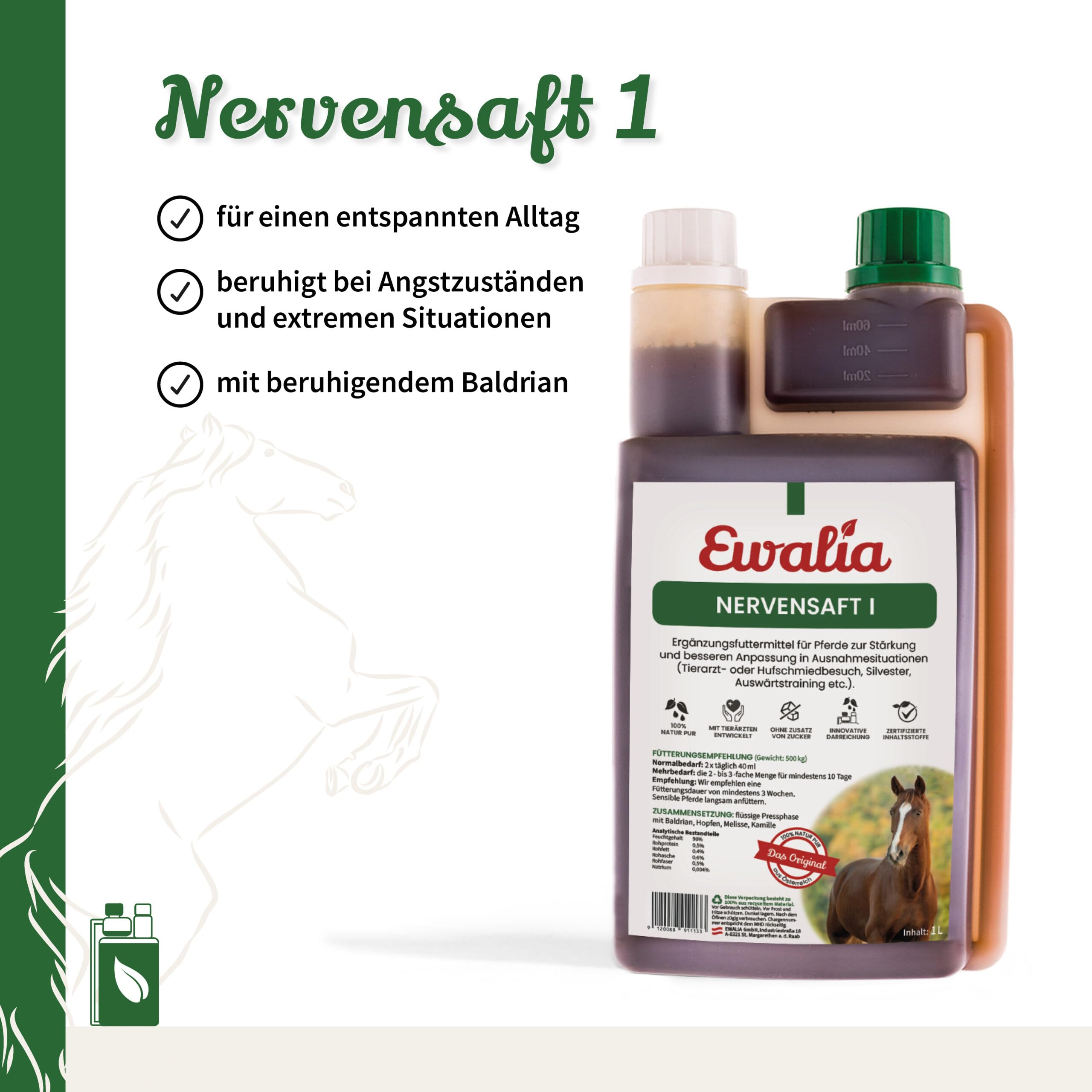 EWALIA Jugo nervioso I – Apoyo calmante para caballos en situaciones estresantes – Ayuda natural en visitas al veterinario, entrenamiento y más, desarrollado con veterinarios, 100% natural puro, 2 x 1