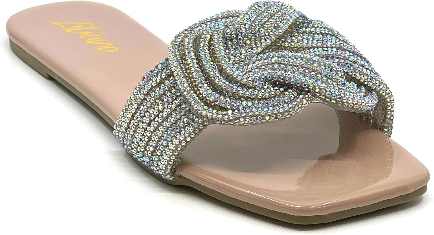 Women Rhinestone Slide Sandals Women's Flat Sandals Lisa 8 Nude 10