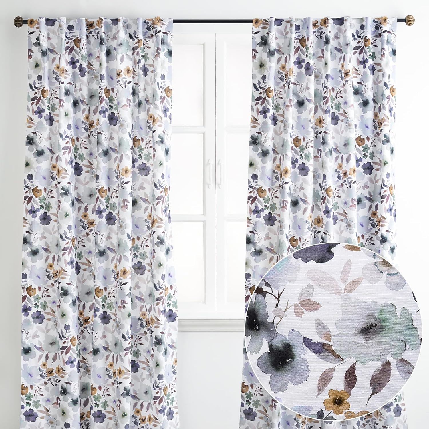 Maison d Hermine Curtains for Living Room 100% Cotton 124 inch Length Two Panels Light Filtering Curtains for Bedroom Windows with Rod and Loop Pockets Drapes (Blossom Flora, 50 W x 124 L)
