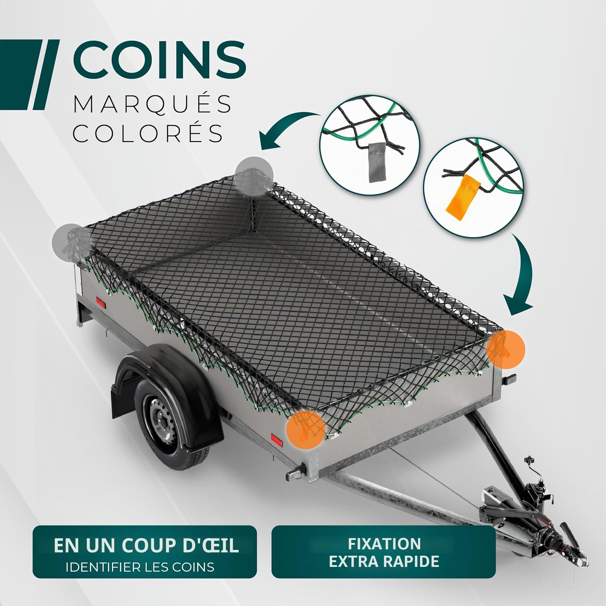 CargoVA - Filet Extensible pour remorque 1x2 jusqu'à 2x3M - Filet élastique Noir avec Corde élastique, 8 Crochets et marquage des Coins - pour Une Fixation Parfaite de la Charge