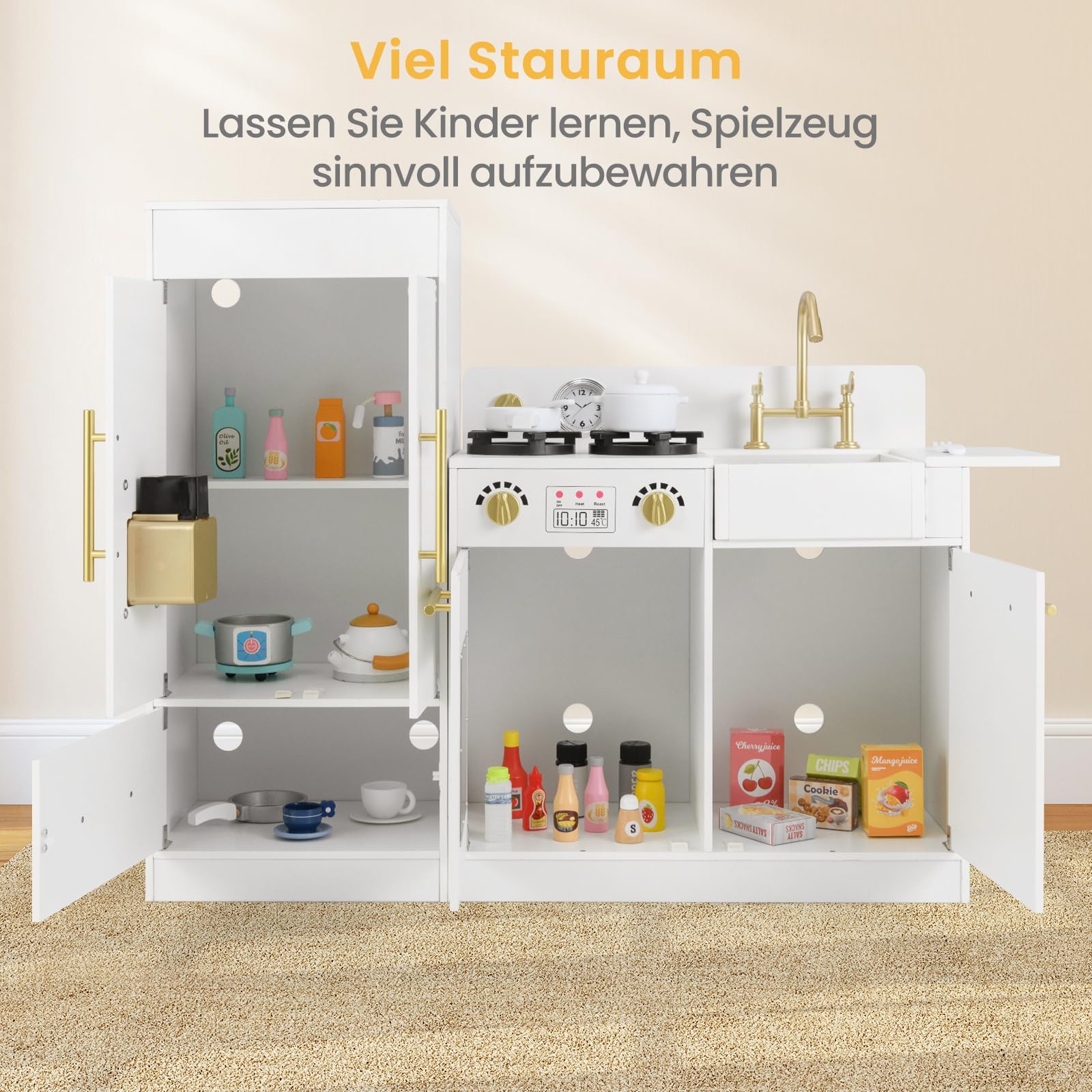 COSTWAY Kinderküche mit Kühlschrank, Spielküche Holz mit Herd & Spüle & Spülmaschine, Spielzeugküche inkl. Zubehör, Holzküche für Kinder ab 3 Jahren