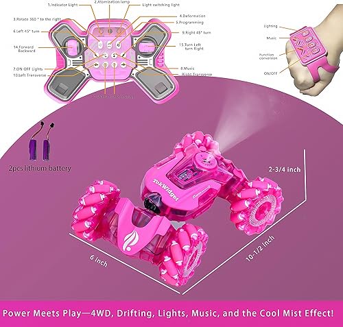 Miniatura 6 de Auto de control remoto rosa para niñas, control remoto de acrobacias con detección de gestos con luz y música, rotación 4WD 360, auto RC de 2.4 GHz,